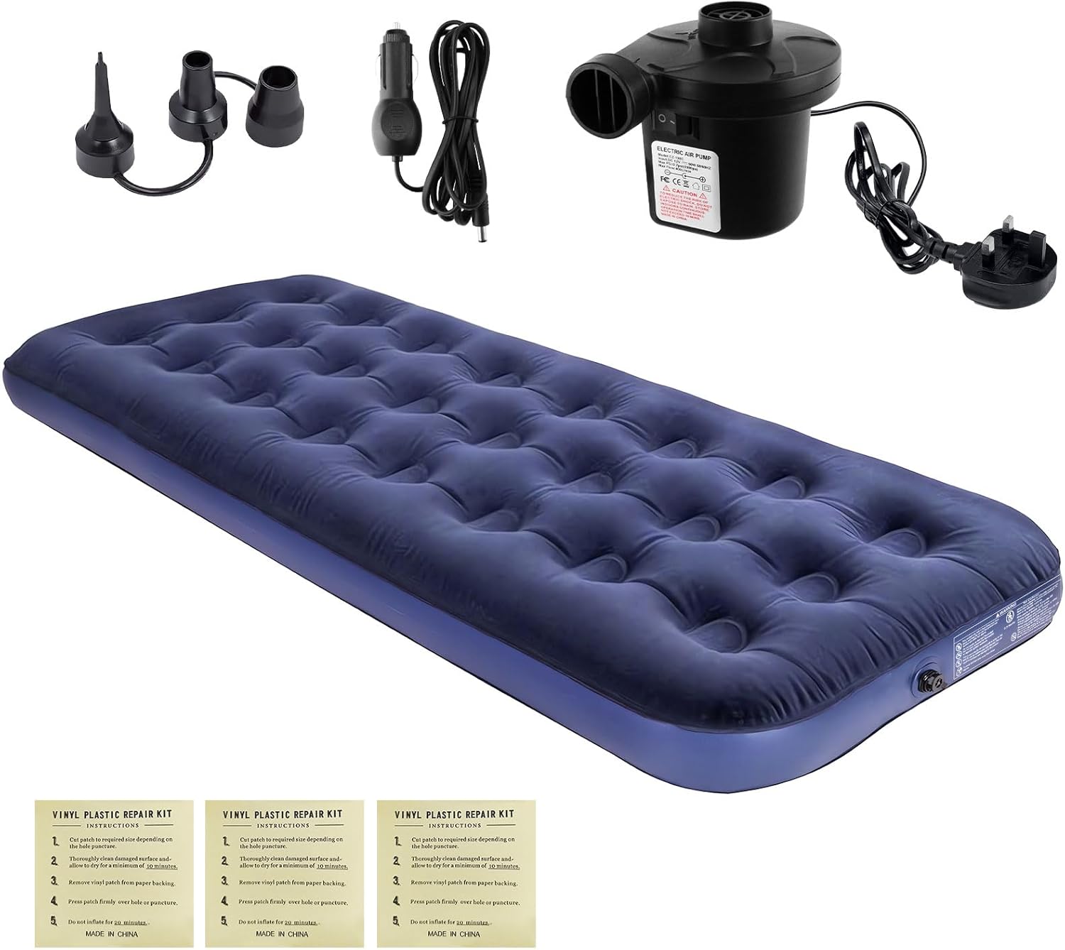 Homvvi Single Air Bed, Quick Inflatable Flocked Air Mattress - Lightweight Inflatable Mattress with AC Electric Air Pump, Thickened Comfortable Blow Up Mattress for Camping, Caravan, Guest Bed