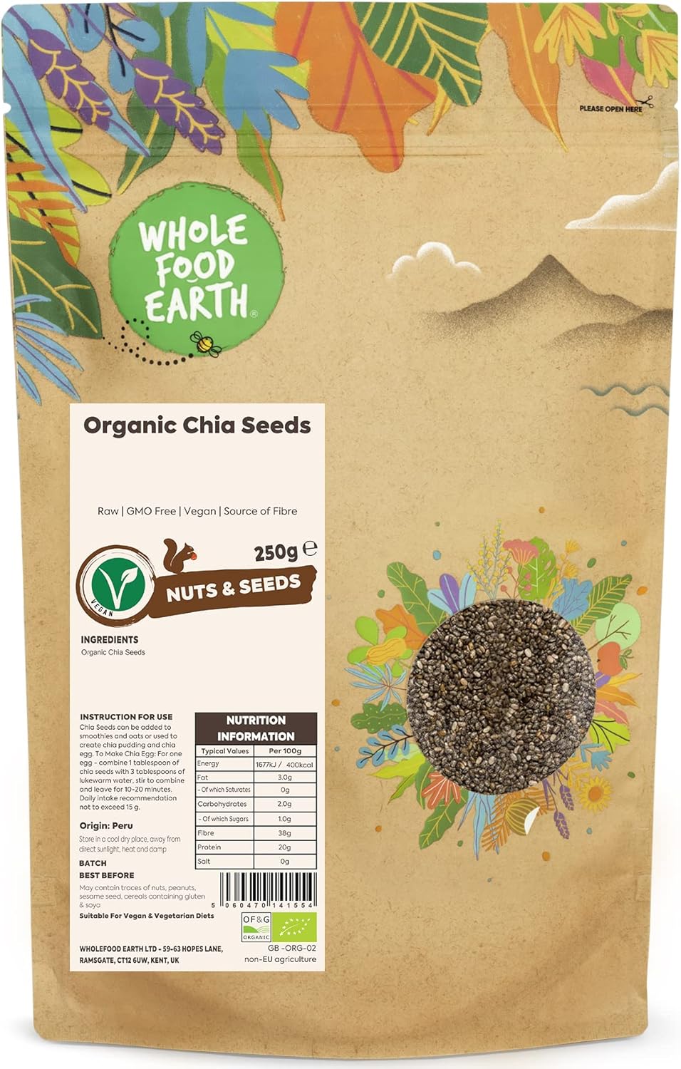 Wholefood Earth Organic Chia Seeds – 250g | Raw | GMO Free | Vegan | Source of Fibre | Certified Organic