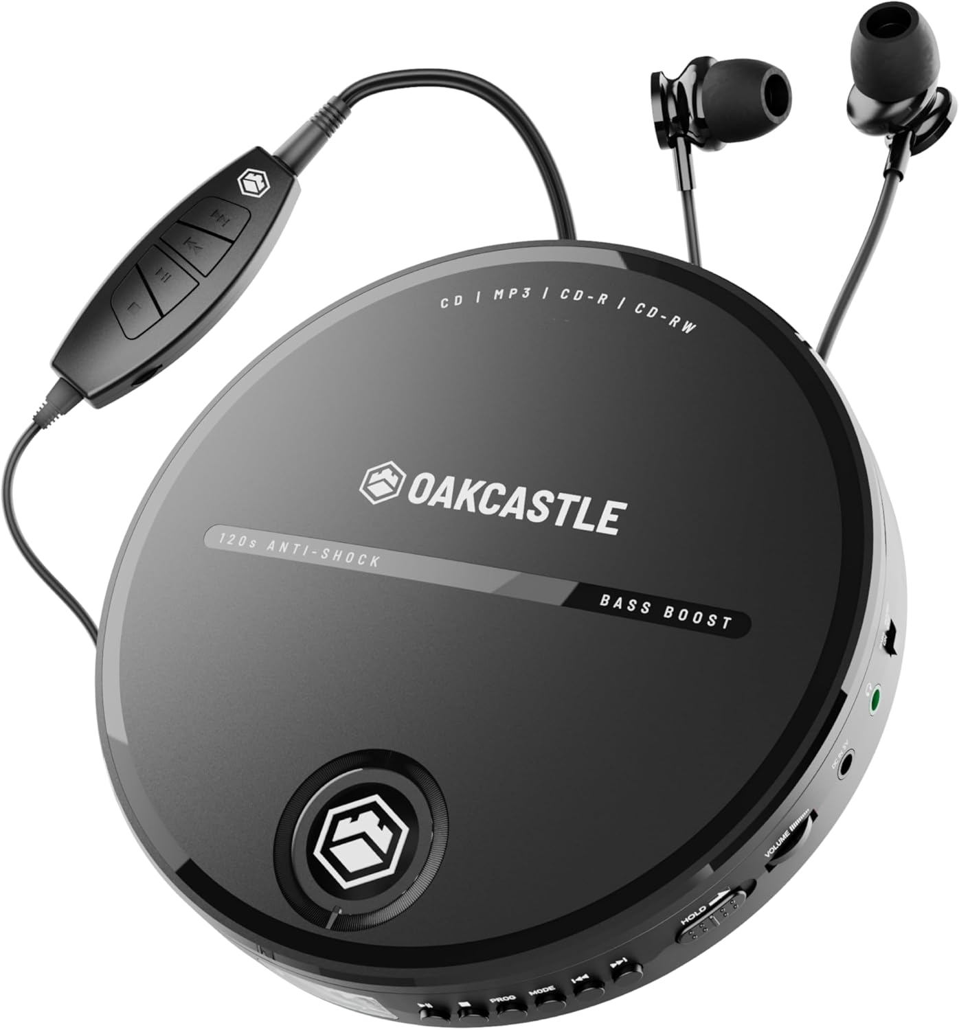 Personal CD Player | Portable Music Player with Included in-Line Control Earphones | 7 Hour Battery Playtime, in-Car AUX Compatibility | Bass Boost, Hold Lock and Anti-Skip Function | OAKCASTLE CD10