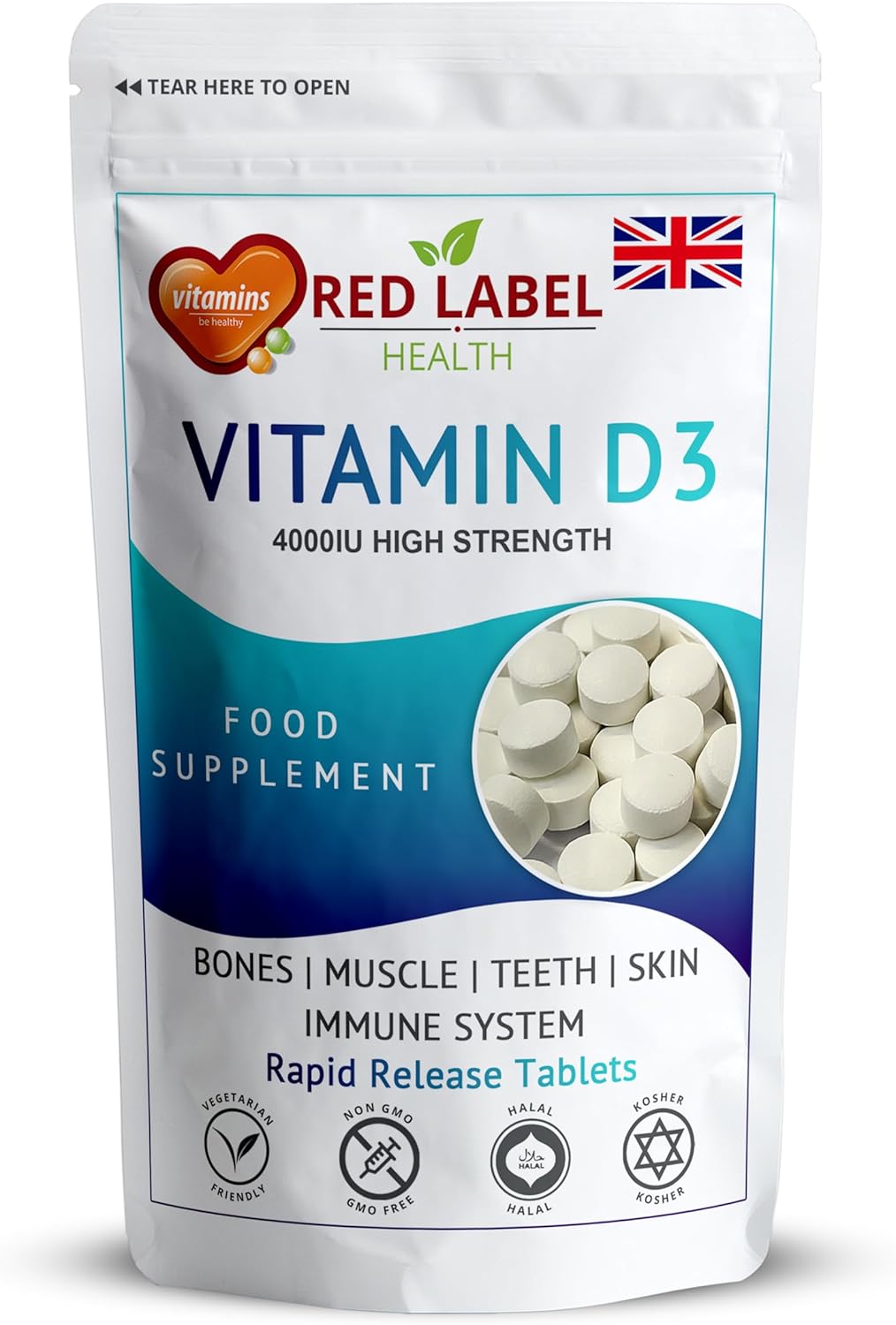 Red Label Health Vitamin D3 4000 IU, Pack of 400 Vitamin D Tablets (1+ Year Supply), Healthy Teeth & Bones, Supports Immune System, High Strength Vitamin D Supplement for Men & Women, UK-Made