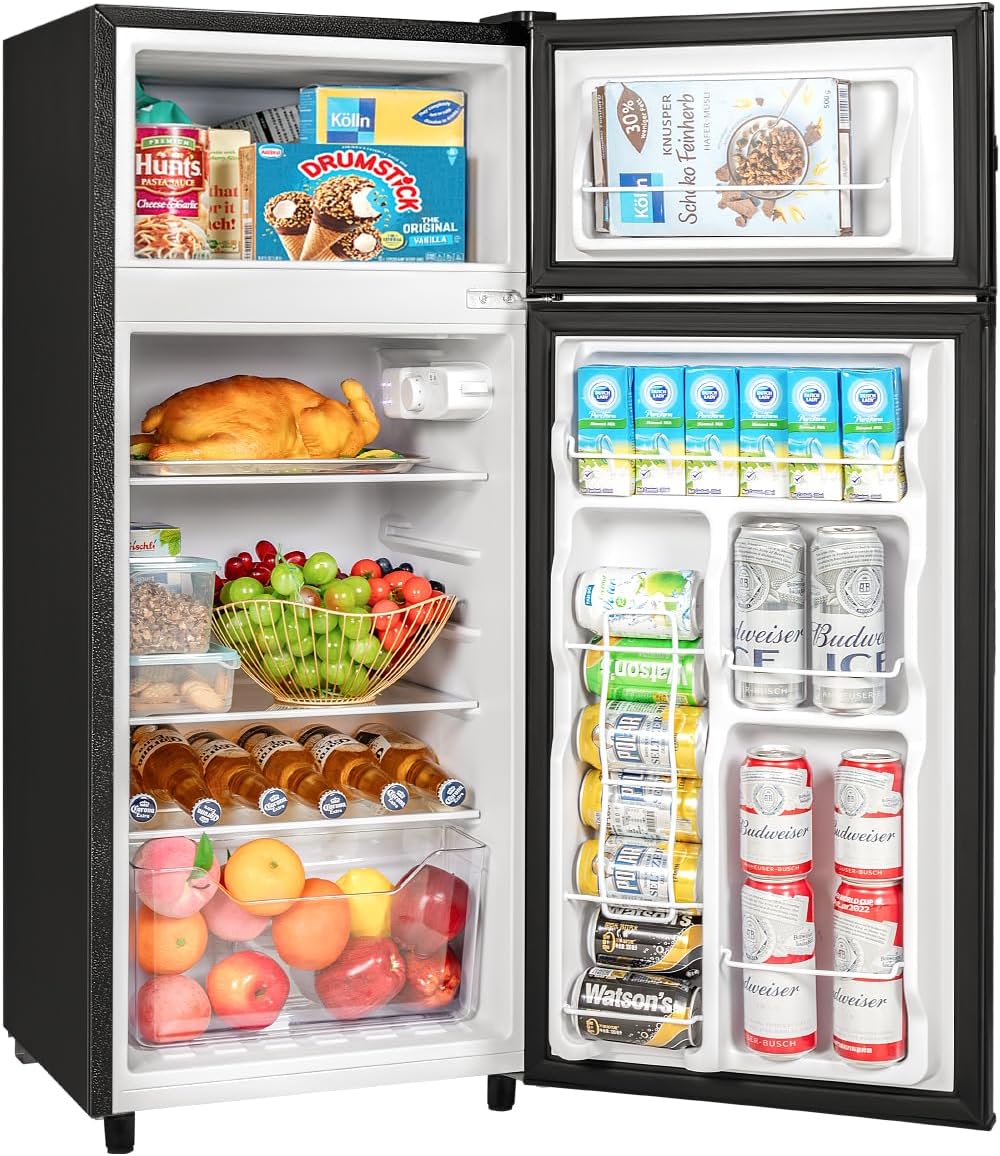 Double Door Refrigerator with Freezer, 4.5 Cu.Ft, Small Fridge with Freezer, 7 Settings Temperature Adjustable, Mini Refrigerator for Apartment Bedroom Dorm and Office (4.5 Cu.Ft, Black)