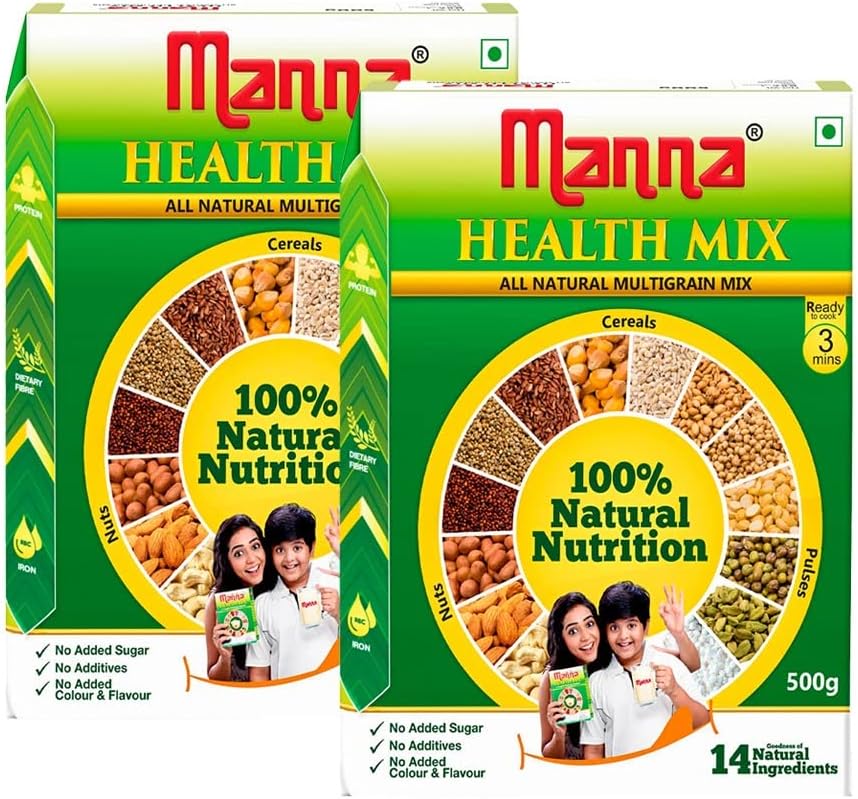 Manna Health Mix | 500G | Multi Millet Heath Drink | Millets, Nuts, Cereals & Pulses| Sathu maavu | Porridge Mix |100% Natural Multigrain Nutrition Drink Kids | Indian Origin (Pack of 2)