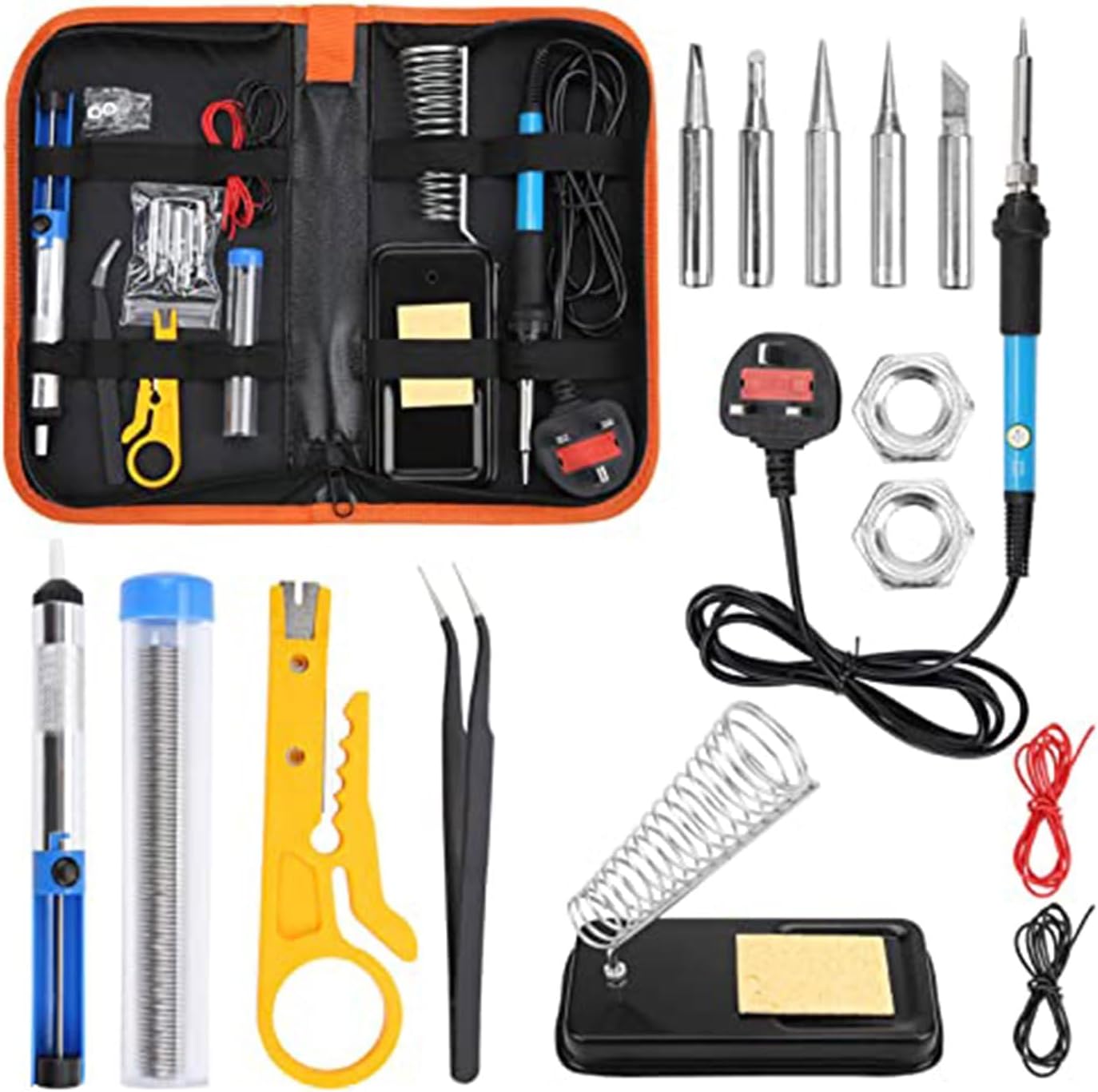 Premium 60w Soldering Iron Kit for DIY Repairs Fast Heating Adjustable Temperature 5 Precision Tips Desoldering Pump Solder Wire Wire Stripper Cutter All in One Electric Welding Tool Set with Storage