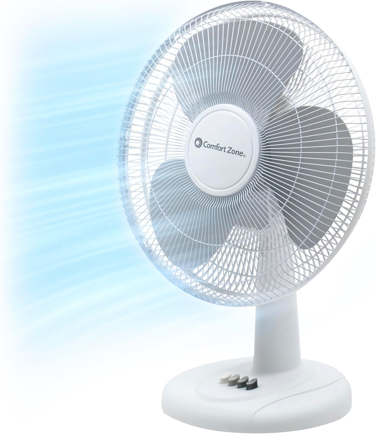 Comfort Zone 12 inch Table Fan with Adjustable Tilt, Wide Area Oscillation, Quiet Air Circulator Fan For Bedroom, 3 Speed Desktop Fan for Home Office, Push Button Controls, White