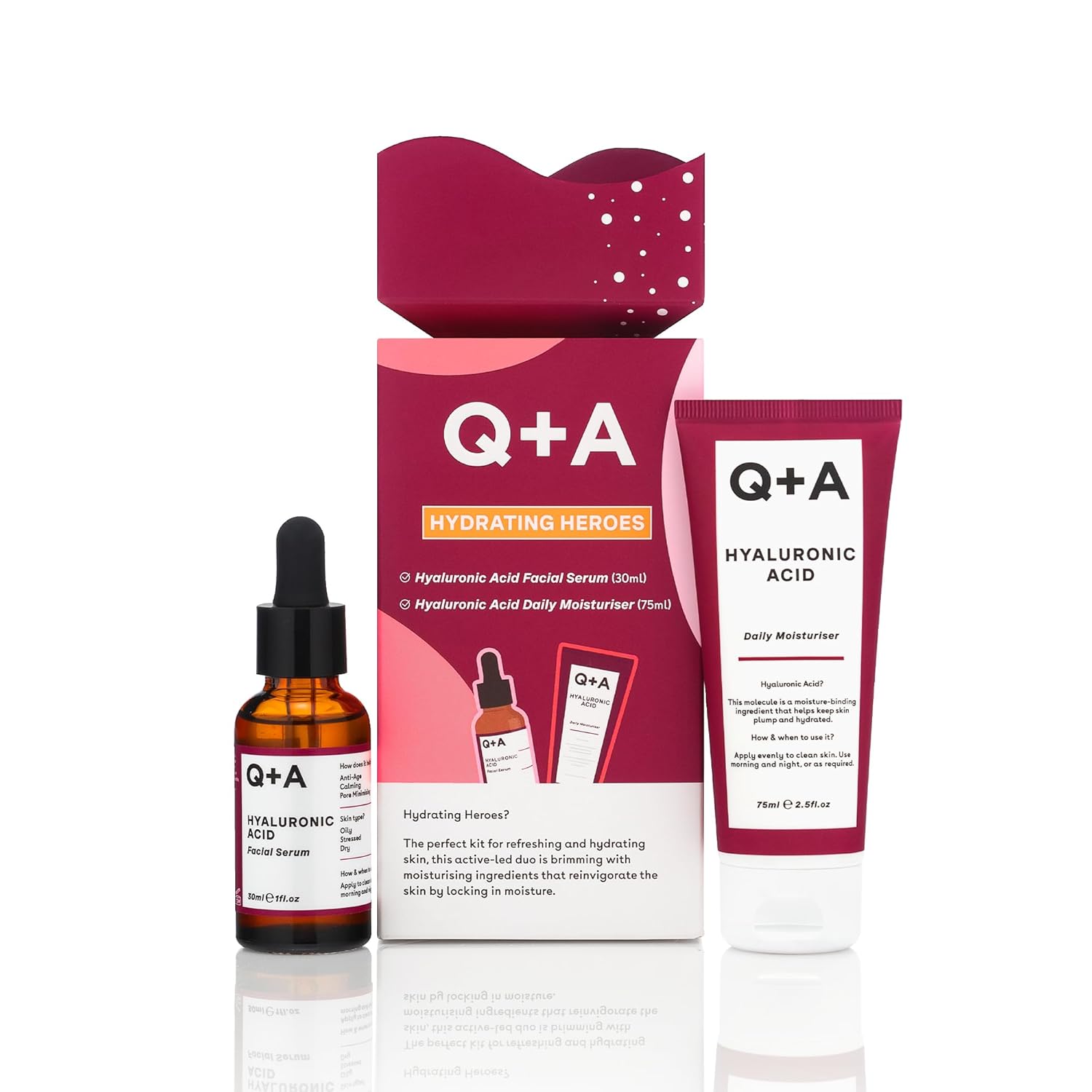 Q+A Hydrating Heroes Skincare Gift Set – A Giftset with Hyaluronic Acid Facial Serum 30ml, Daily Moisturiser 75ml for Dry, Dehydrated Skin, Vegan, Cruelty-Free, for Soft, Supple Complexion