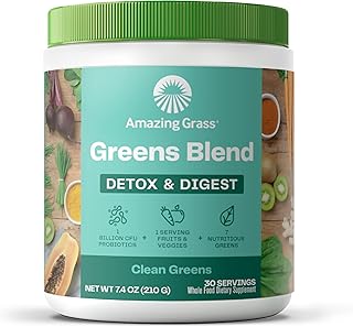 Amazing Grass Greens Superfood Detox & Digest: Greens Powder with Digestive Enzymes & Probiotics, Clean Green, 30 Servings (Packaging May Vary)