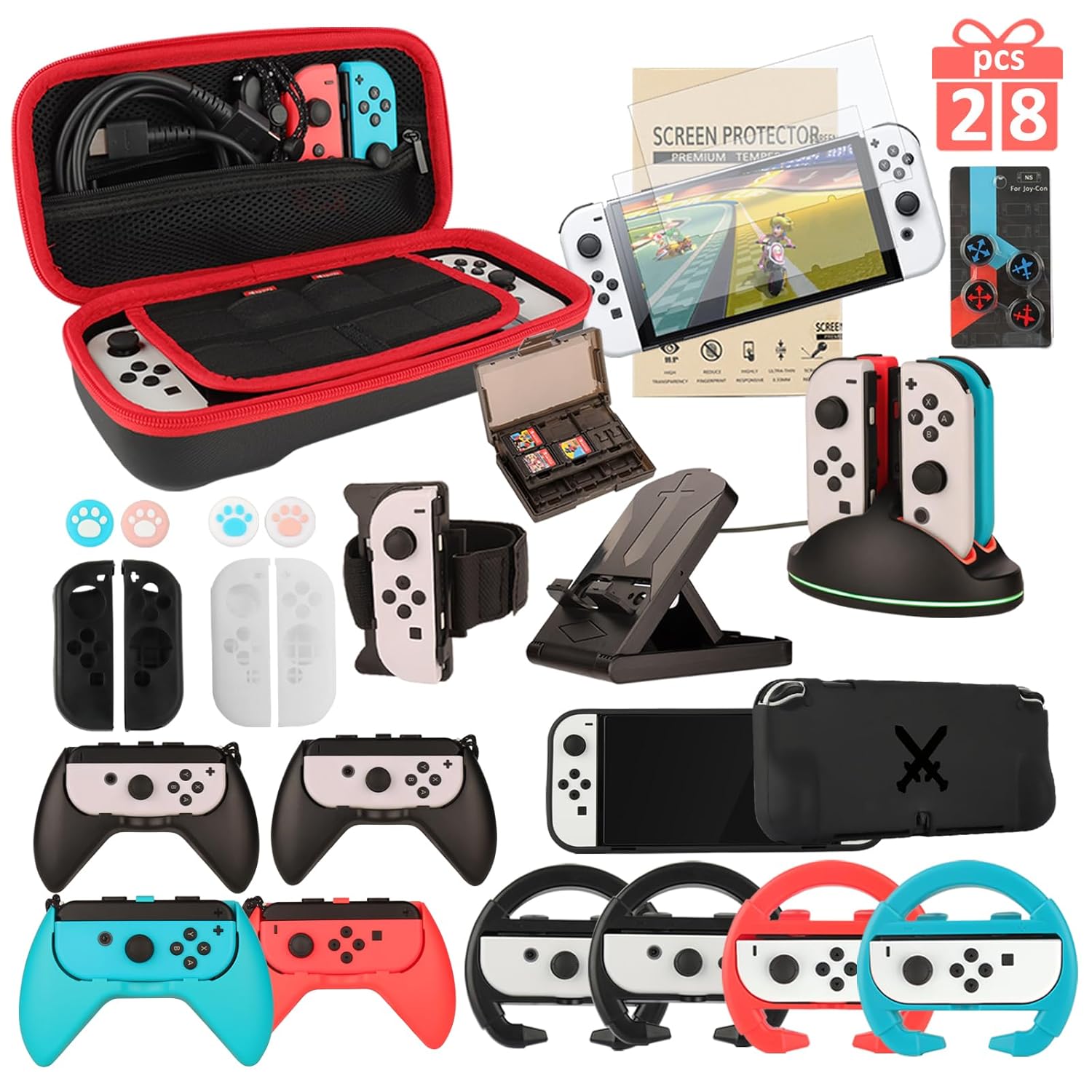 Switch OLED Accessories - 28 in 1 Family Accessory Bundle Kit for Nintendo Switch OLED Edition Carrying Case&Tempered Glass Protector,Joy Con Charger, Gaming Steering Wheels, Grips and More