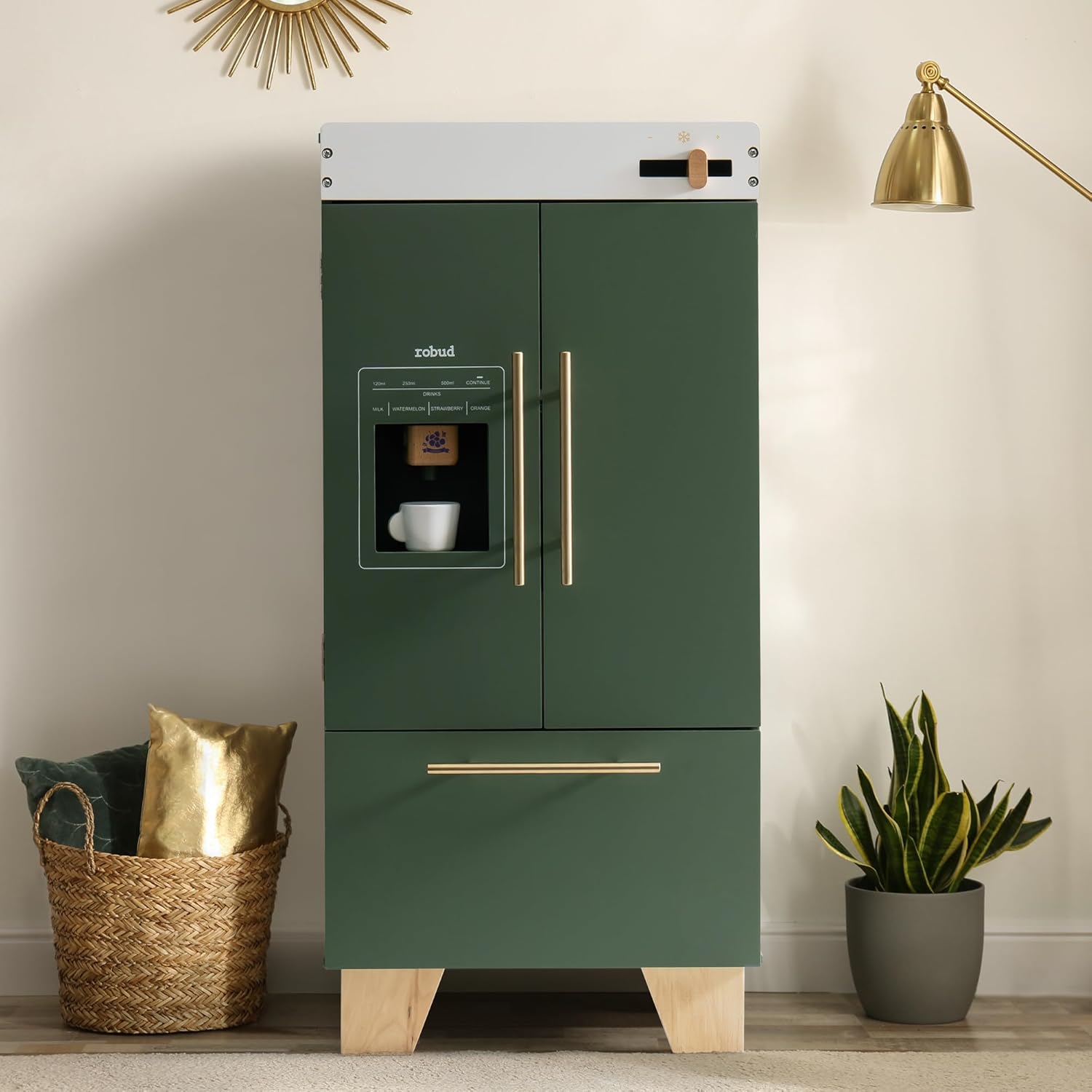 ROBUD Wooden Toy Fridge, Kids Play Kitchen Set Toy Kitchen Playset Play Fridge with Accessories, Interactive Wooden Toy Refrigerator for Pretend Kids Fridge, Gifts for Girls Boys Toddlers Toy