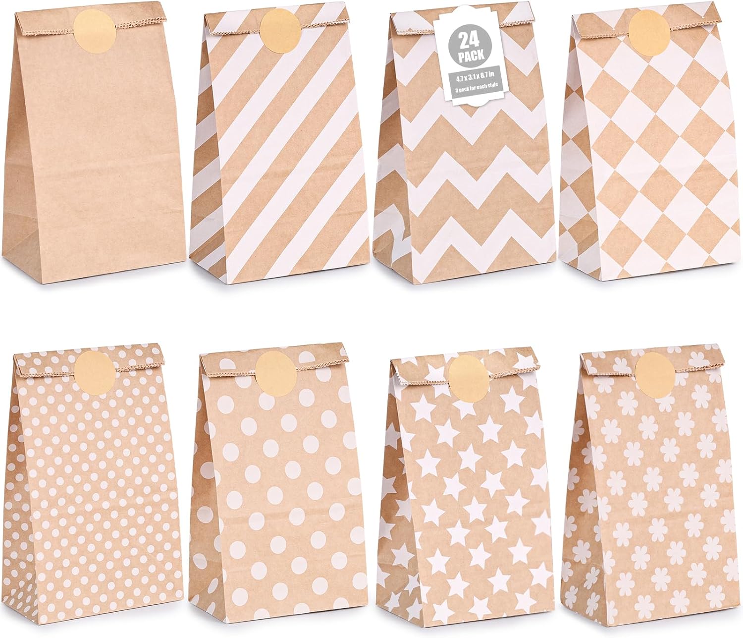 VGOODALL 24PCS Paper Bags with Stickers, Goodie Bags Party Favor Bags Polka Dot Striped Treat Bags Lunch Bags for Wedding Party Supplies