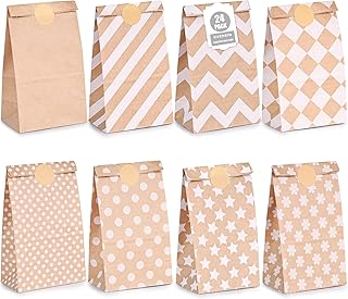 VGOODALL 24PCS Paper Bags with Stickers, Goodie Bags Party Favor Bags Polka Dot Striped Treat Bags Lunch Bags for Wedding Party Supplies