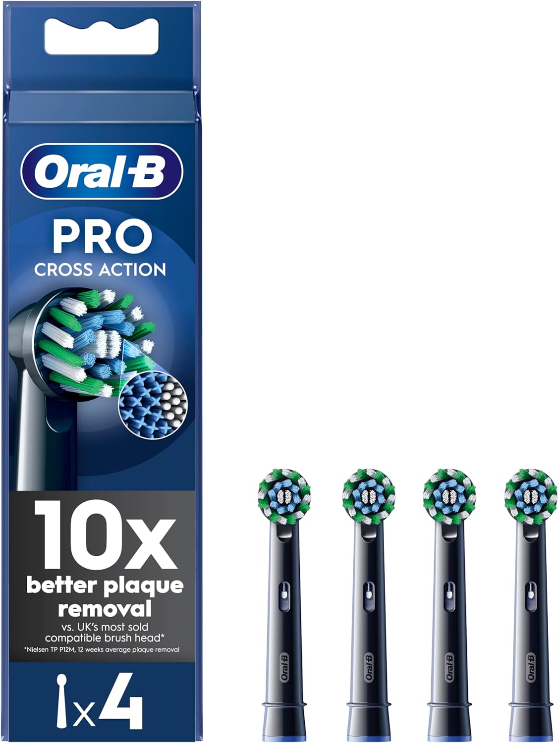 Oral-B Pro Cross Action Electric Toothbrush Head, Oral B Electric Toothbrush Heads, X-Shape and Angled Bristles for Deeper Plaque Removal, Pack of 4 Toothbrush Heads, Black, Oral B Replacement Heads