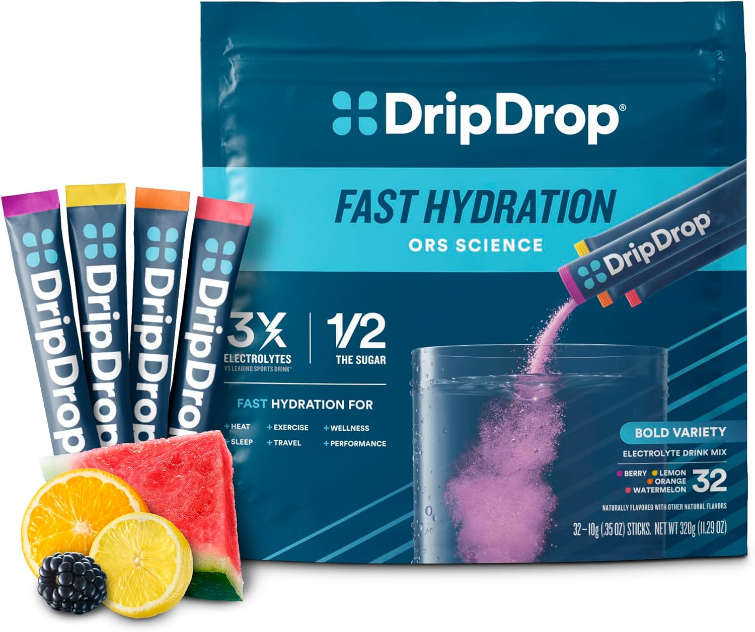 DripDrop Hydration Packets - Bold Variety Pack - Single Serve Electrolytes Powder Drink Mix - Watermelon, Berry, Lemon, Orange - Non-GMO, Gluten Free, Vegan - 32 Sticks