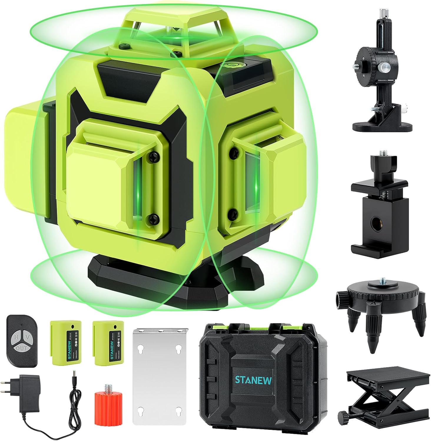 STANEW 4 x 360° Laser Level,Self-Leveling Green Laser Level 4D 16 Line Horizontal and Vertical with Integrated Remote Control Rechargeable Battery 2 x 2400 MAh