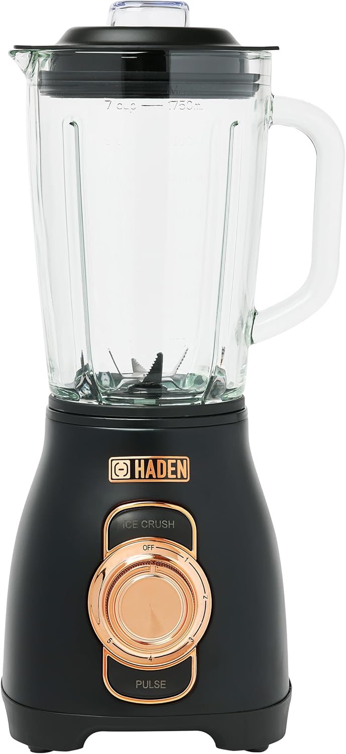 Haden Power Blender, 1.75 Liter Glass Jug, High Power 700W Motor, 5 Speed Settings, Pulse and Ice Crush Buttons, Stainless Steel, Black/Copper