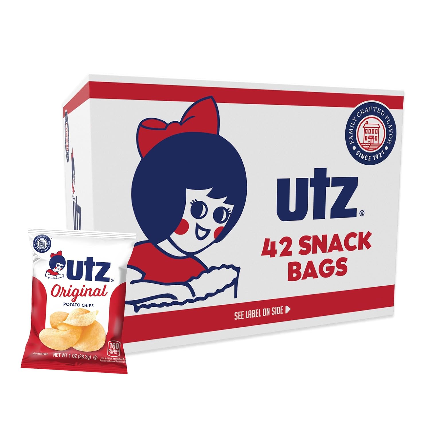 Utz Original 1 Oz Bags, 42 Count Crispy Potato Chips Made from Fresh Potatoes, Crunchy Individual Snacks to Go, Cholesterol Free, Trans-Fat Free, Gluten Free Snacks