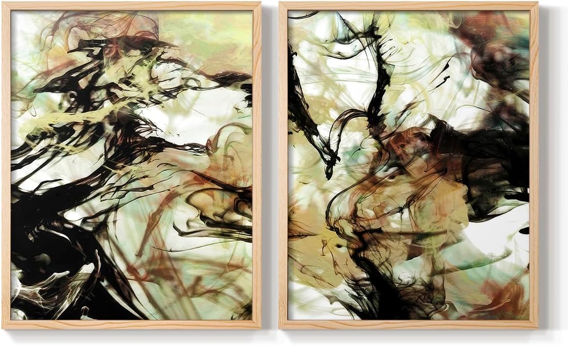 Renditions Gallery Set of 2 Peel & Stick Framed Prints, Abstract Wall Art, Vapping Smoke Design Wall Decor, Re-Stickable - Ready to Hang - 8"x10" - NATURAL WOOD Frame LT588