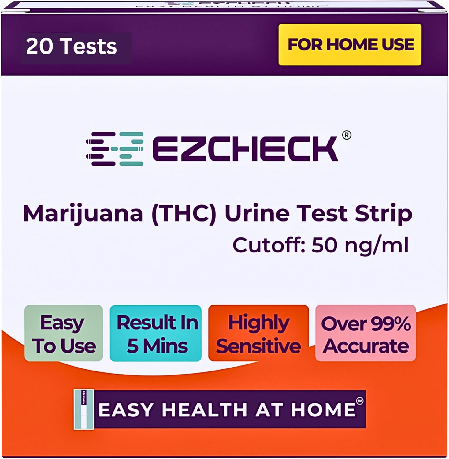 [20 Tests] EZCHECK® Highly Sensitive at Home Marijuana Drug Test Strip, THC Urine Drug Test, Easy Home Drug Test, 50 ng/ml - Fast Result in 5 mins - FSA/HSA Eligible