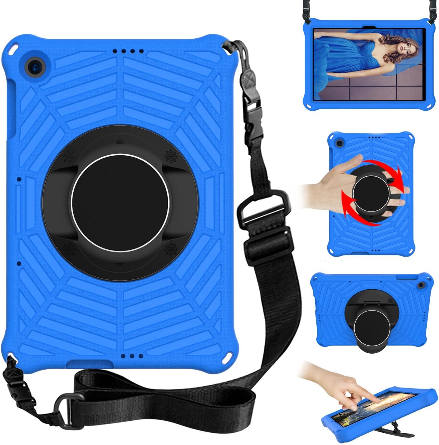 Tablet Case for Huawei MatePad T10s 10.1/ T10 9.7 Inch, Kids Friendly 360 Rotatable, Built in Kickstand, with Shoulder Strap, Heavy Duty Shockproof Rugged Protective Cover Spider Web Pattern Blue