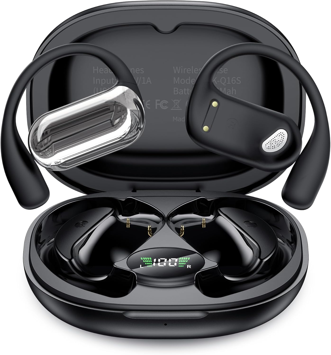 EUQQ Open Ear Bluetooth 5.4 Earbuds, Wireless Headphones Sport Over Earphones Built-in Mic with Ear Hooks 50H Playtime Ear Buds LED Display Charging Case, Waterproof Design for Running Fitness, Black
