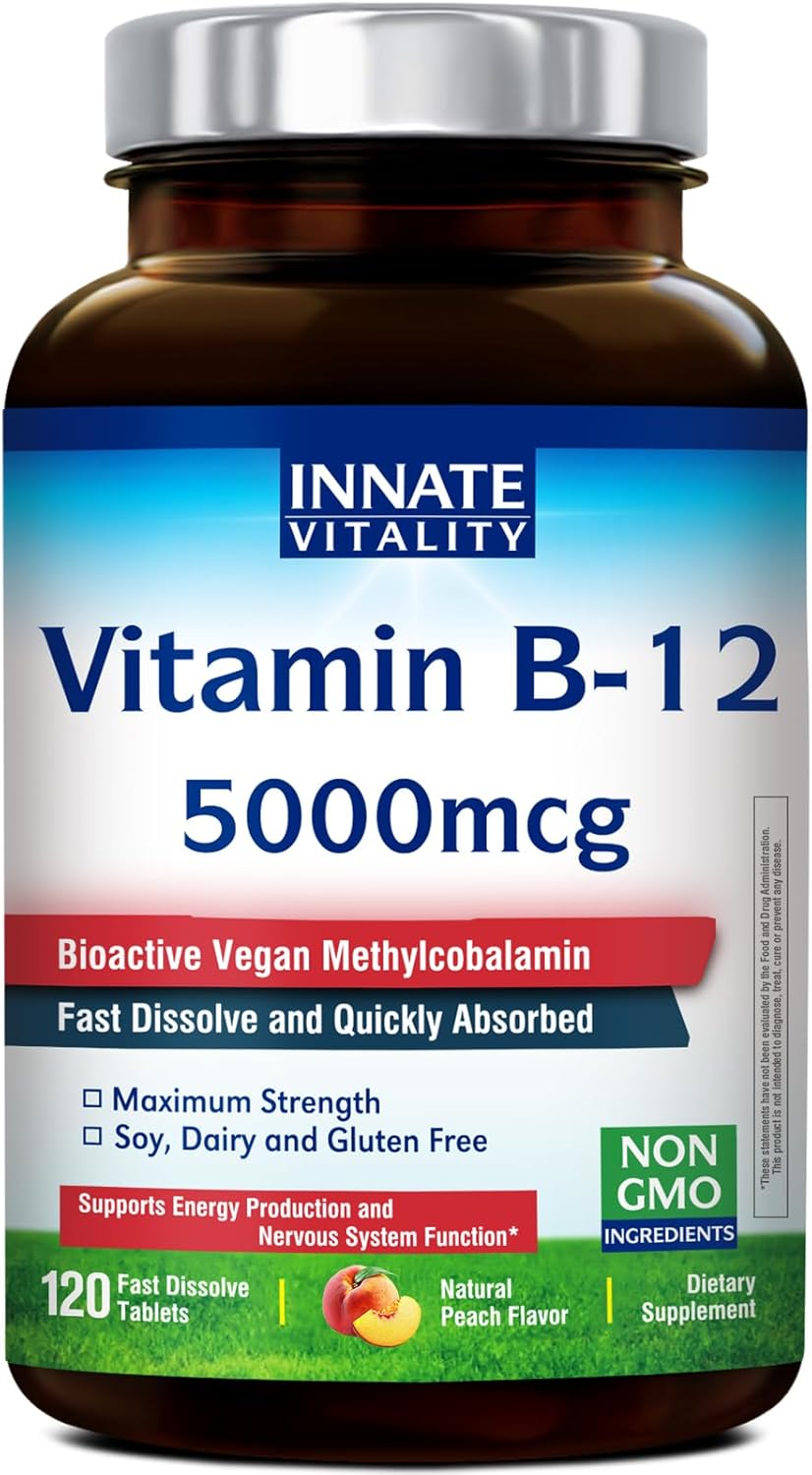 Innate Vitality Vitamin B12 5000mcg, Sublingual, Vegan Methylcobalamin, Fast Dissolve Tablets, Natural Peach Flavor, Supports Energy Production & Healthy Nervous System, 120 Tablets