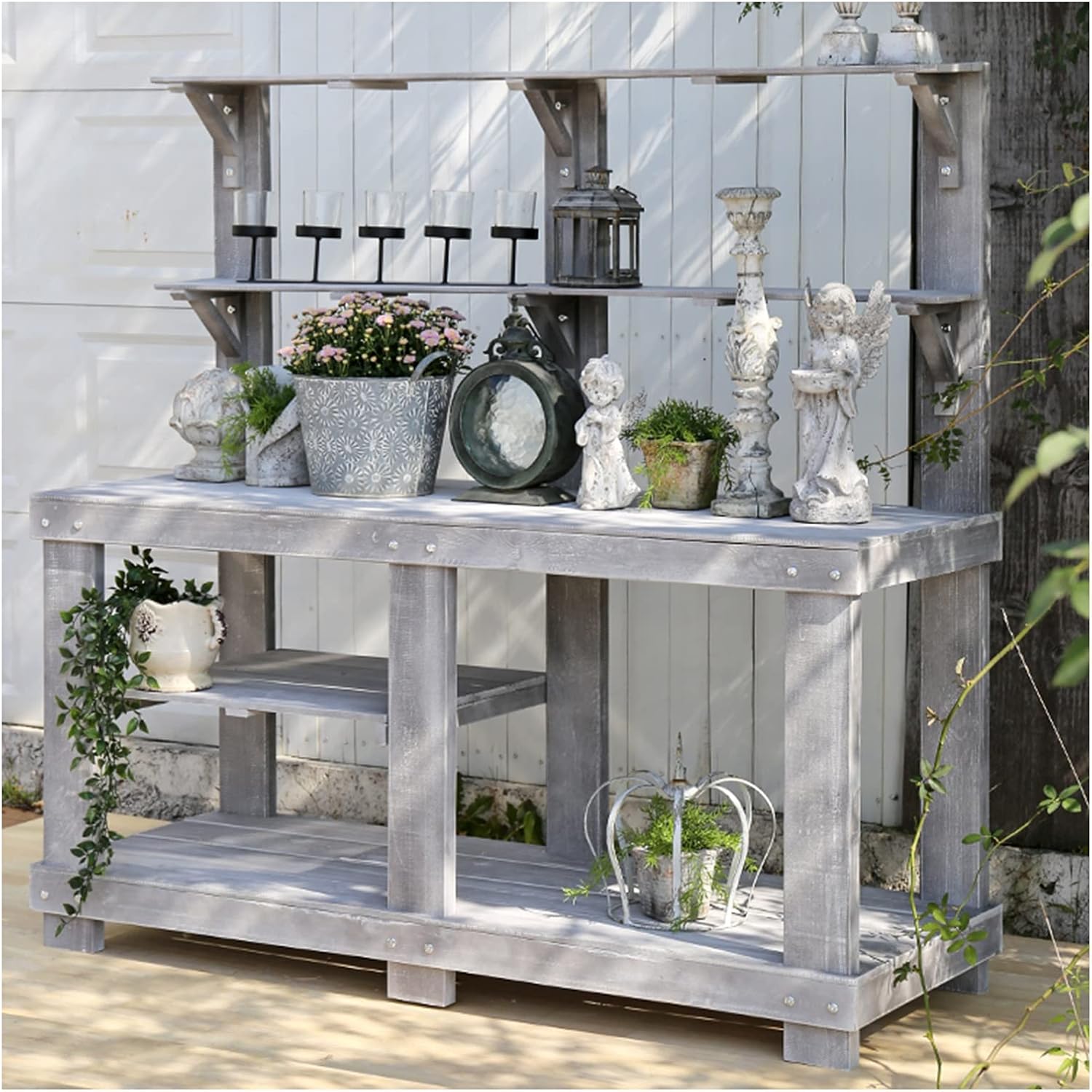 Wooden Potting Bench Work Station - 4-Layer Multifunction Storage for Outdoor Gardening, Patios, Courtyards & Balconies - Perfect for DIY Planting Projects