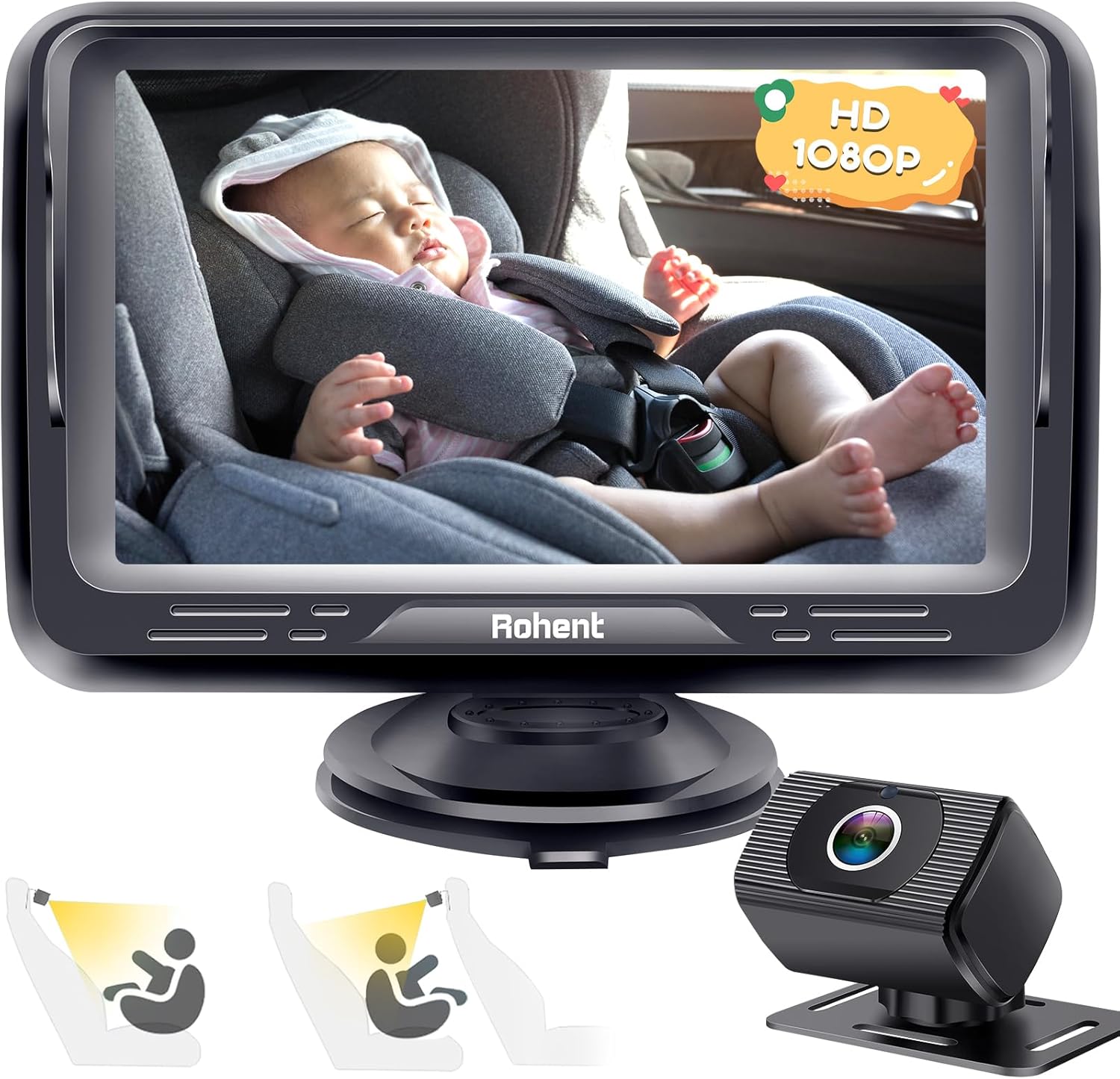 Baby Car Camera HD 1080P Baby Car Mirror 5 Mins Easy Installation Crystal Night Vision Infant Travel Safety Kit Rohent N06, Black, 4.3 Inch Screen