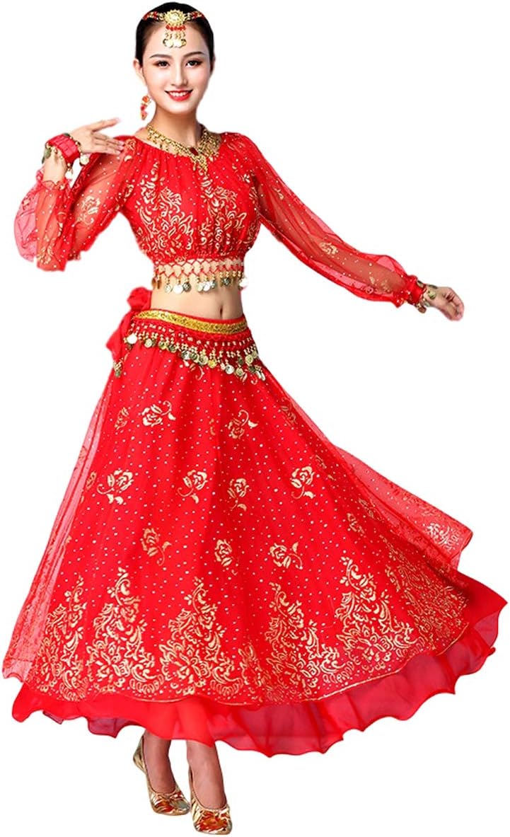 Grouptap Bollywood indian womens long-sleeve anarkali lehenga choli saree dress red arabian princess belly dance skirt outfits costume (Red, 150-170 cm, 45-70 kg)