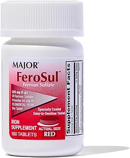 Major Ferosul - Ferrous Sulfate 325mg Tablets with 65mg of Elemental Iron - Iron Supplement for Women, Men - Red - 100 Tablets