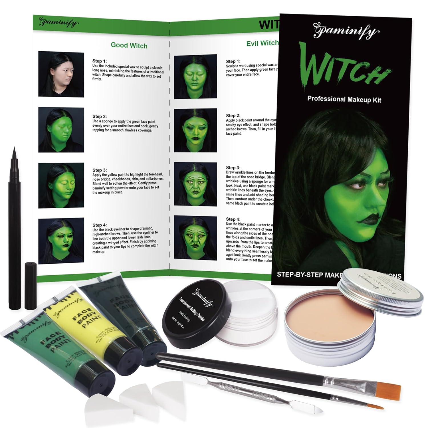 Witch Halloween Makeup Kit,Complete Black Green Yellow Face Body Paint Scar Wax SFX Makeup Set,Character Costume for Stage,Cosplay, and Theater