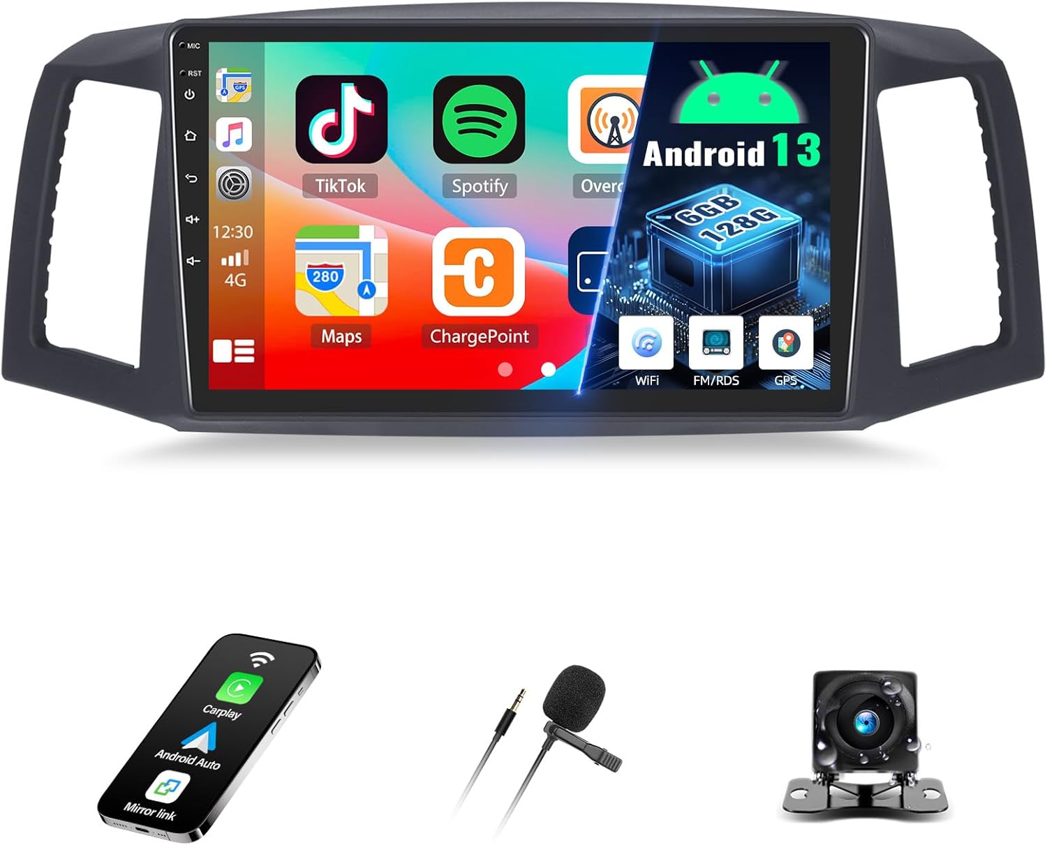 [6G+128G] Android 13 Car Stereo for Jeep Grand Cherokee 2004-2007 with Wireless CarPlay Android Auto,10.1" Touchscreen Car Radio with Mirror Link Voice Control WiFi/GPS,Bluetooth,FM/RDS+Backup Camera