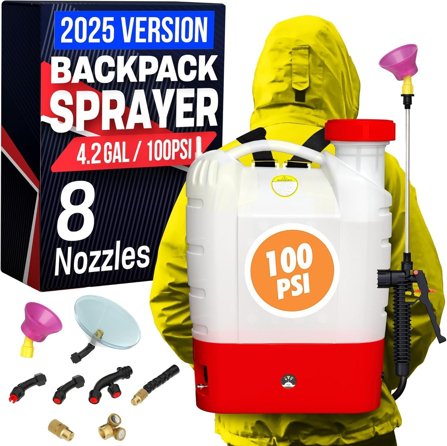 Battery Powered Backpack Sprayer - 4.2 Gallon, 8 Nozzles, 100PSI Cutoff, Long Battery Life, Wide Mouth, High-Pressure Spray Hose, Trigger Lock, Pressure Knob Controller