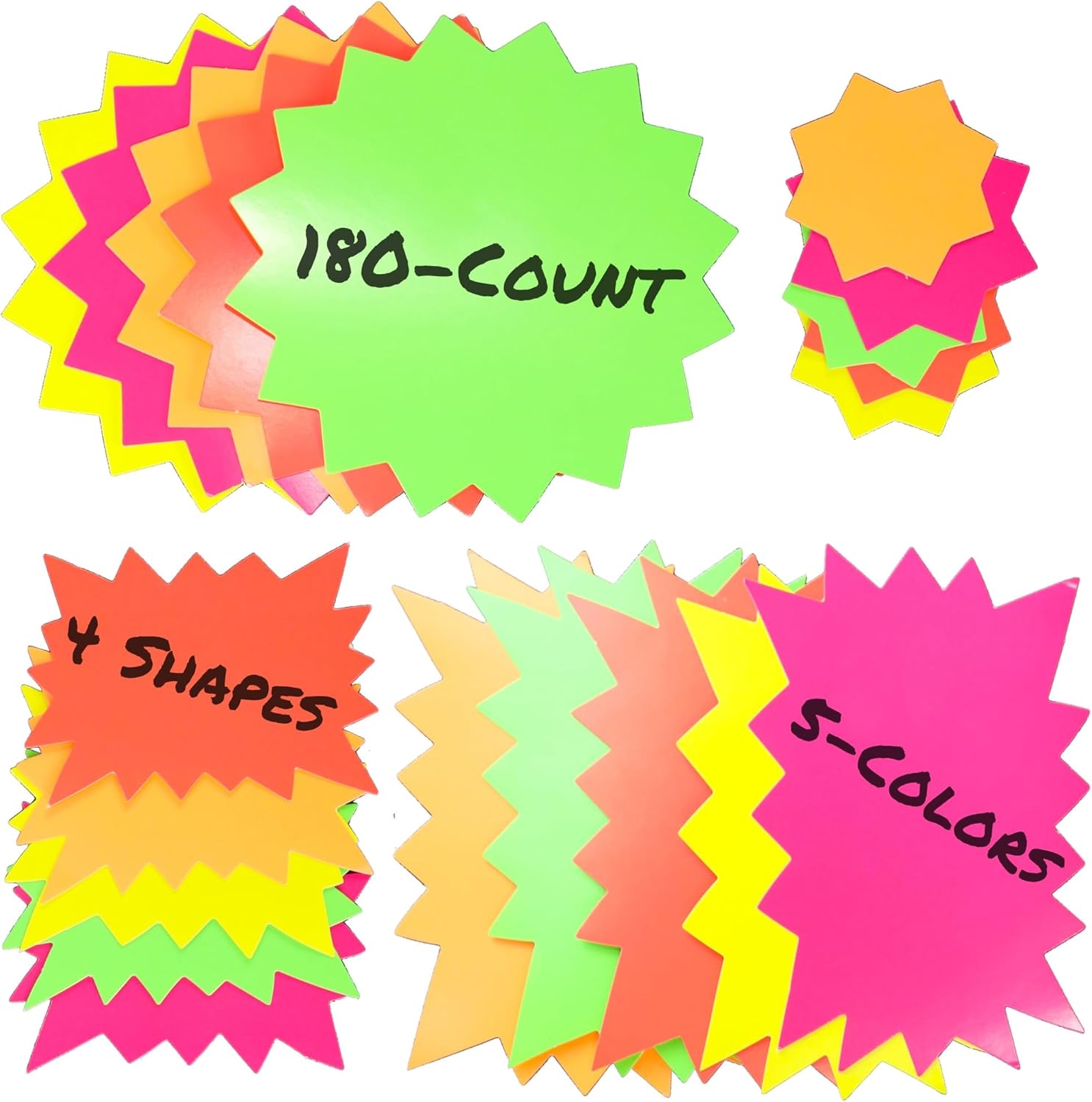 Iconikal 180-Count Neon Store Paper Starburst Sign Labels, Assorted Sizes with Tape