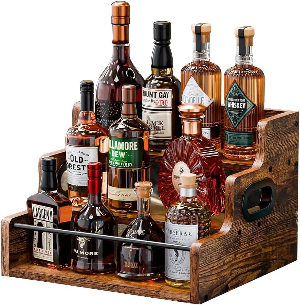 Liquor Bottle Display Shelf, Wooden Coffee Syrup Rack Organizer, 3 Step Retro Countertop Liquor Wine Rack, Mini bar, Liquor Cabinet, Home Bar Shelf Stand Liquor Whiskey, Spirits for Party