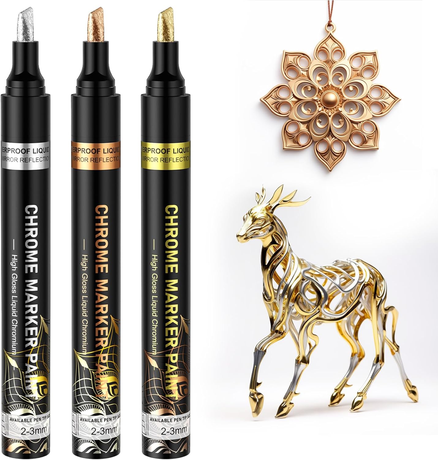 SigWong Liquid Mirror Chrome Markers - 3 Colors Gloss Permanent Reflective Mirror Chrome Pen for Resin Supplies, Metal Model, Glass, Plastic Painting, DIY Art Projects (2-3mm Tips)