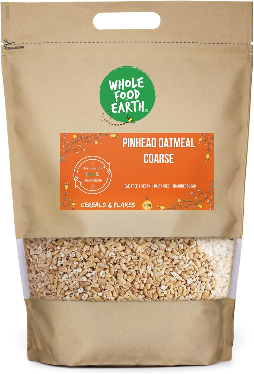 Wholefood Earth Pinhead Oatmeal Coarse Stabilised 1 kg | GMO Free | High Fibre (Package may vary)