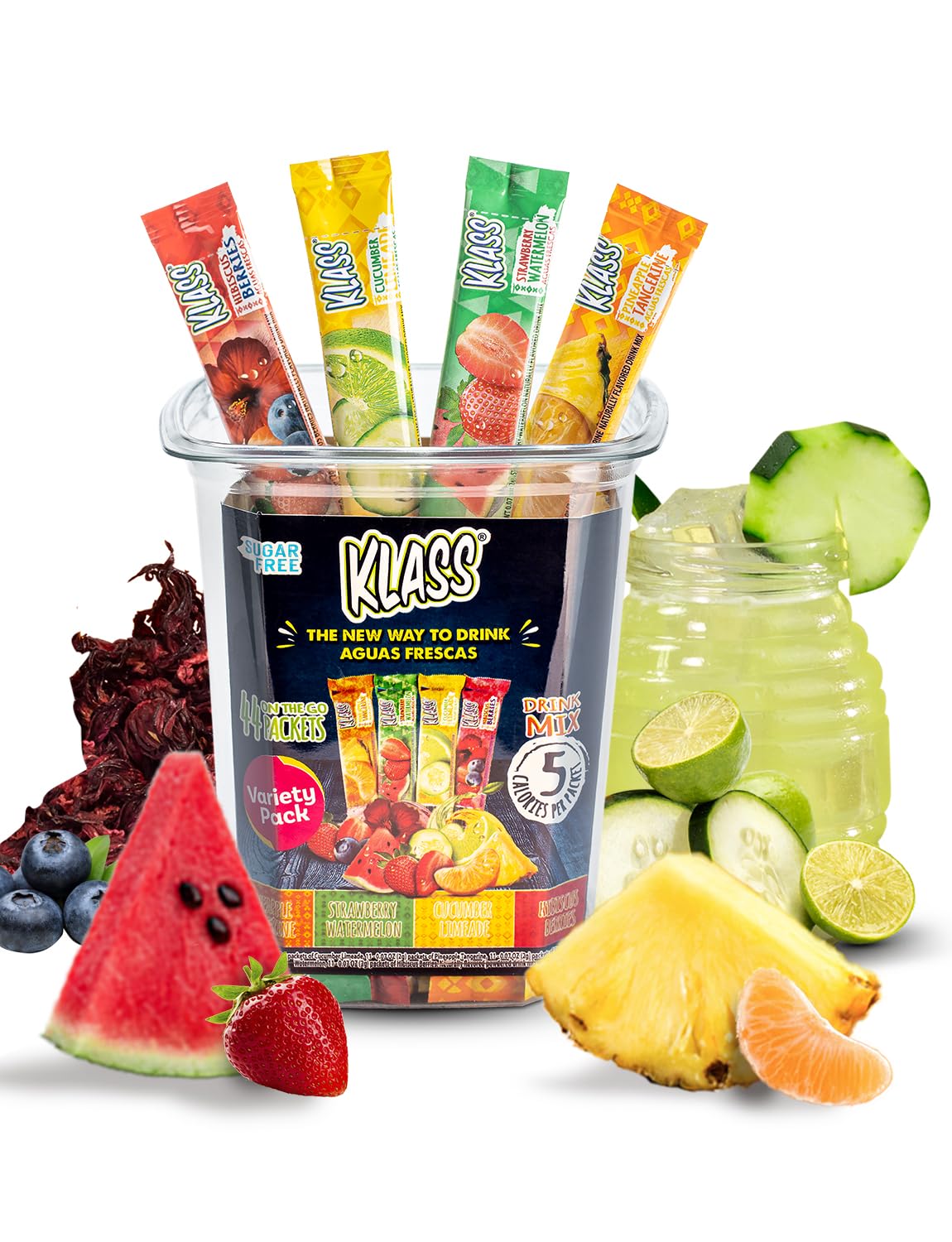 Klass Aguas Frescas Powdered Drink Mix | 44 Sugar Free Powder Packets | Flavors - Cucumber Limeade Pineapple Tangerine Strawberry Watermelon & Hibiscus Berries - Water Enhancer To Go!