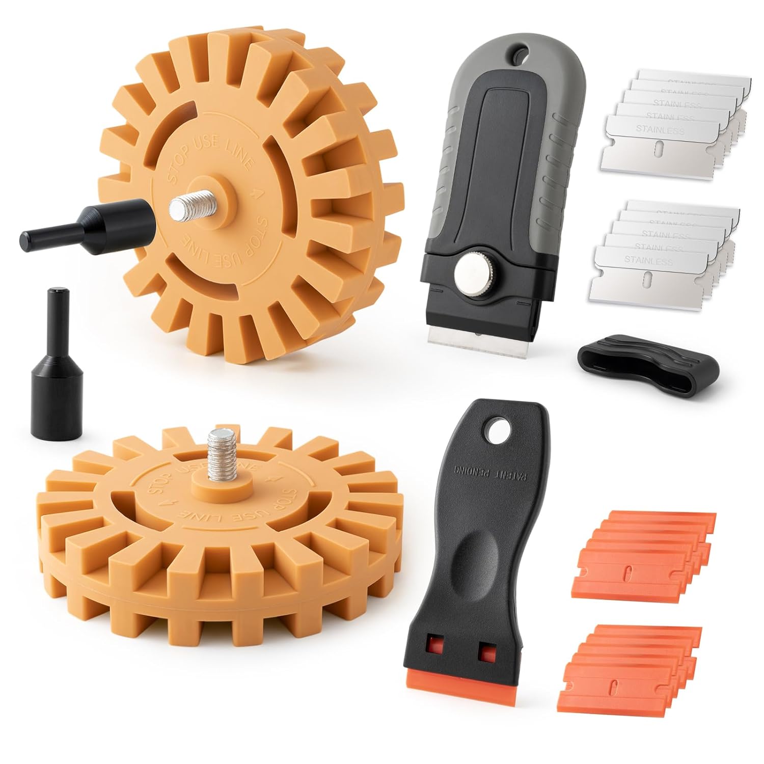 Gomake Decal Remover Eraser Wheel Tool Kit with Drill Adapter Vinyl Decal Adhesive Removal Tool with Razor Blade Scraper for Removing Pinstripes, Stickers (Mix, 2 Pack Slotted)