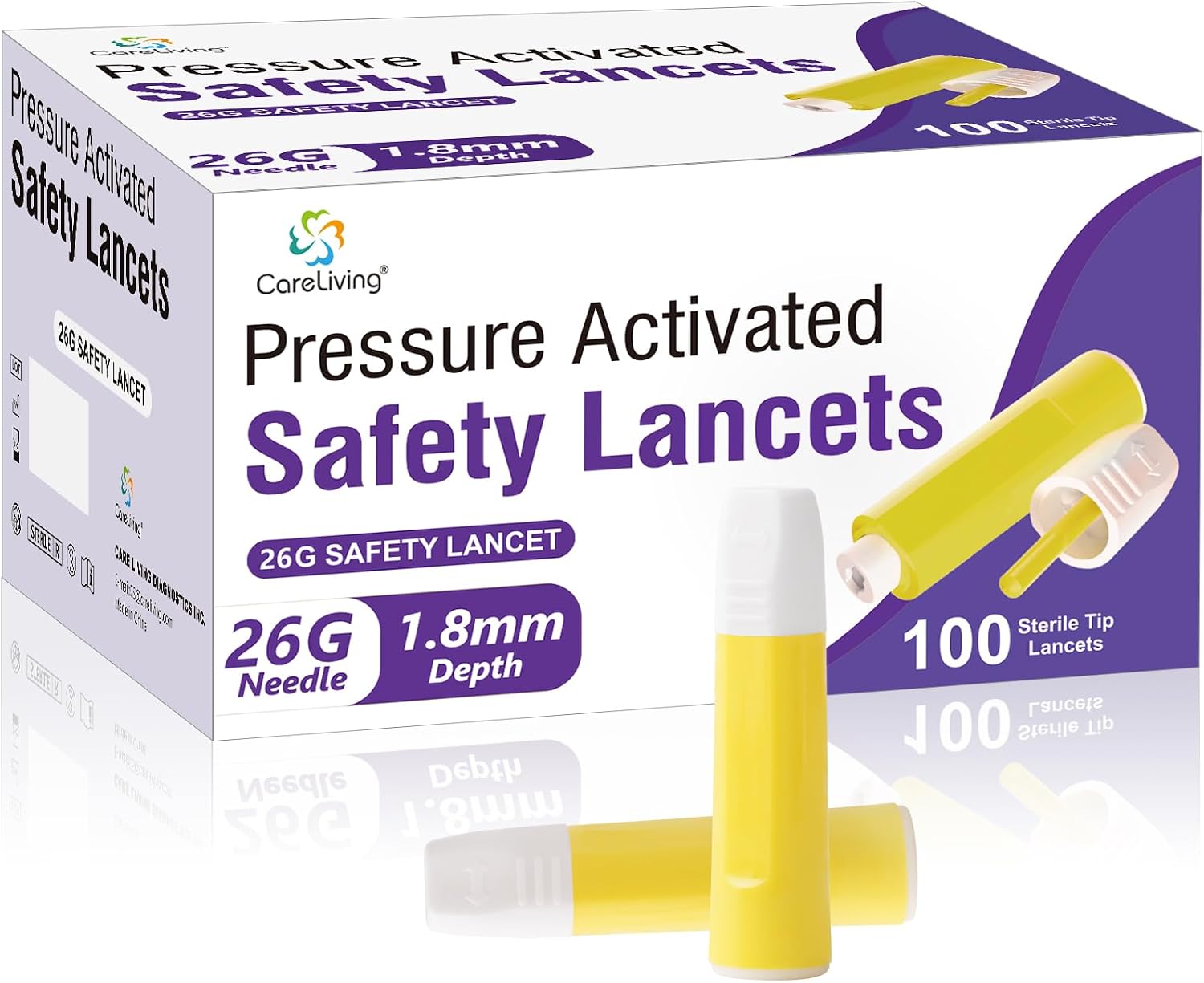 CareLiving Safety Lancets, 100 Count Sterile, Pressure Activated Activation, 26 Gauge Needle, 1.8 mm, Single-Use, Gentle for Comfortable Testing