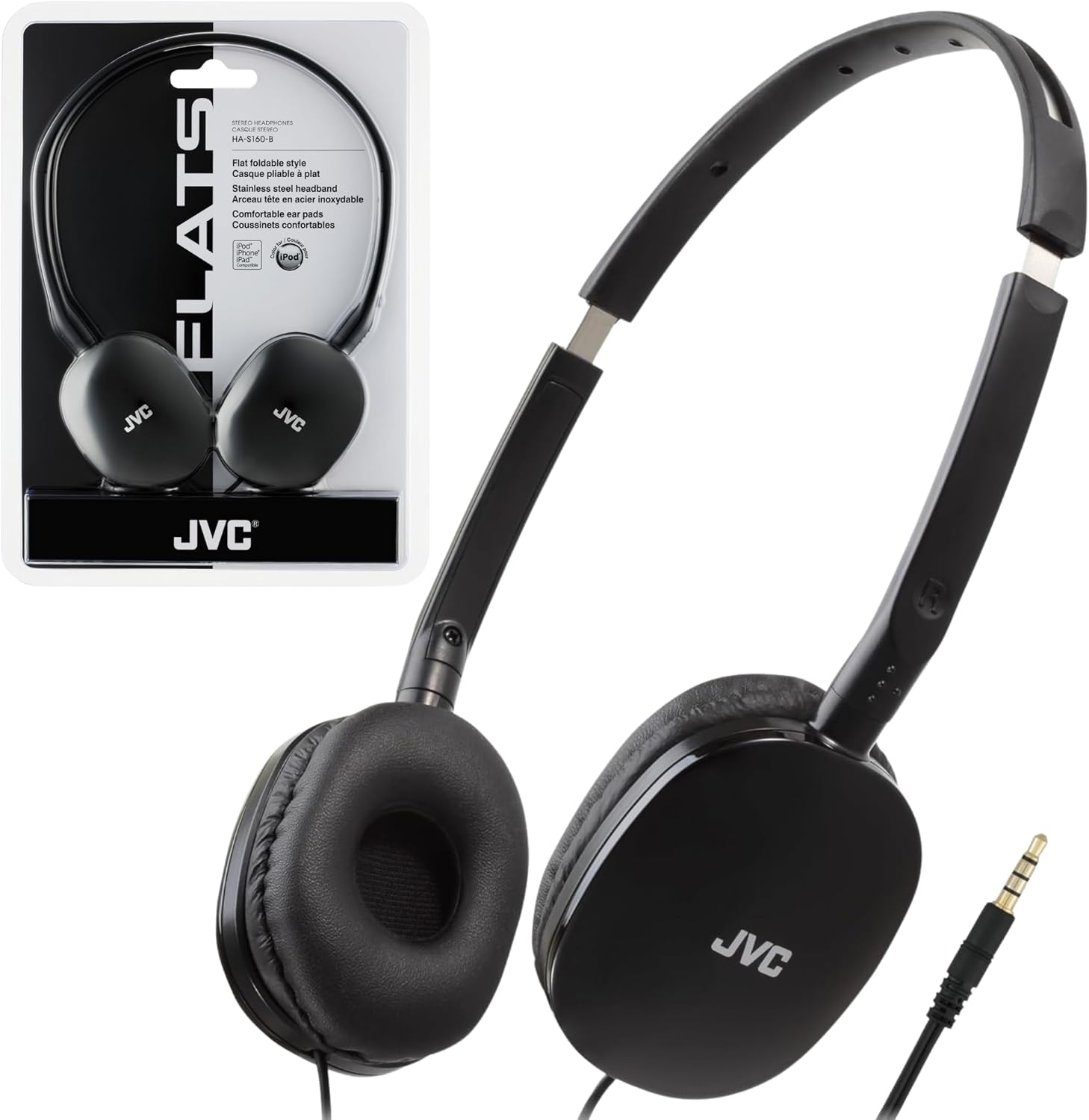JVC Flats On-Ear Wired Headphones - Flat Foldable Design - 30mm Driver for Powerful Sound - Soft Ear-Pads for Comfort – Steel Headband - Lightweight & Portable - PC/Laptop/Gaming - 3.5mm Slim Plug