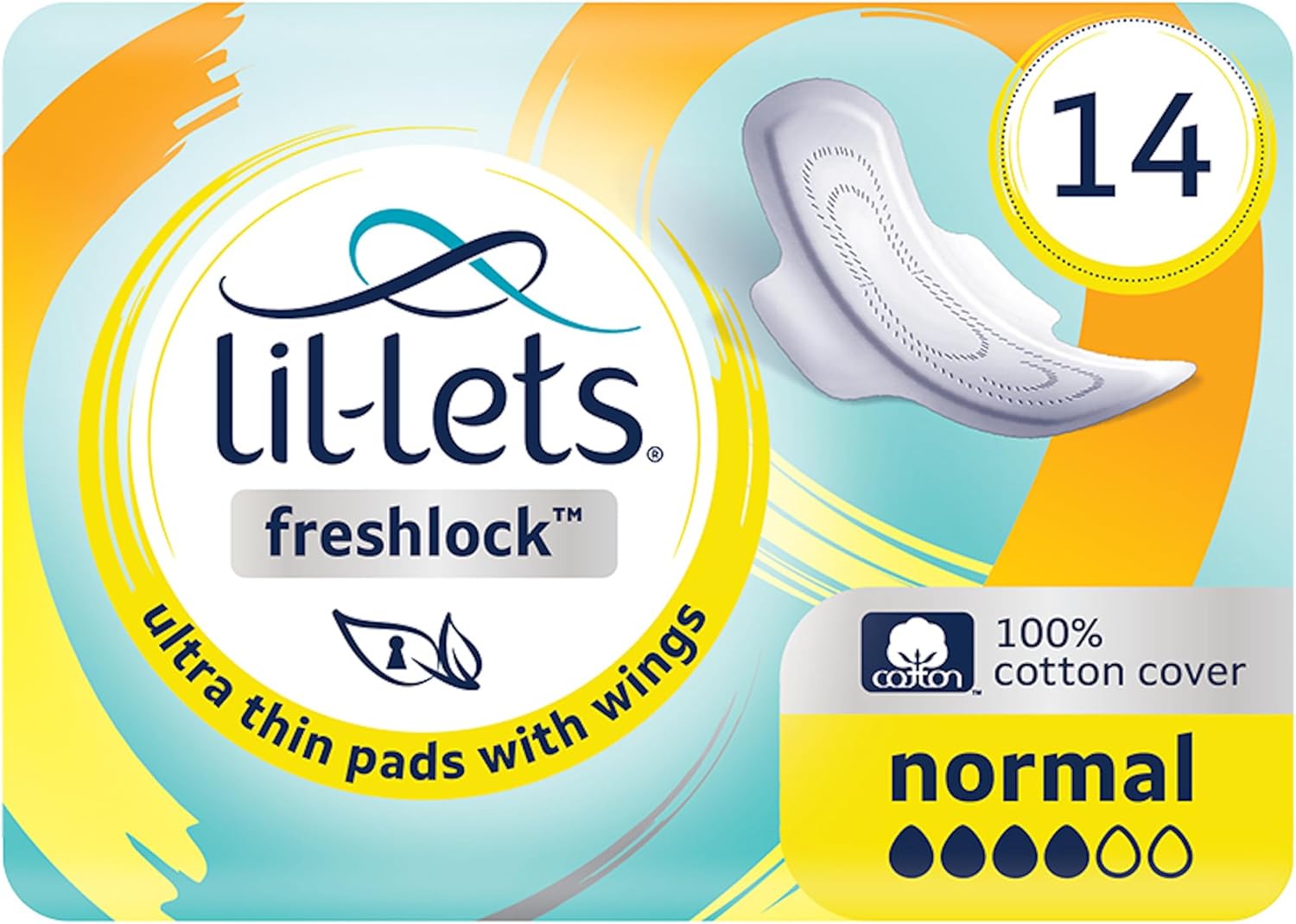 Lil-Lets Freshlock™ Ultra Thin Period Pads - 14 Count (1 Pack), Normal Absorbency, with Wings, Unscented, 100% Cotton Cover, Regular Absorbency Sanitary Towels