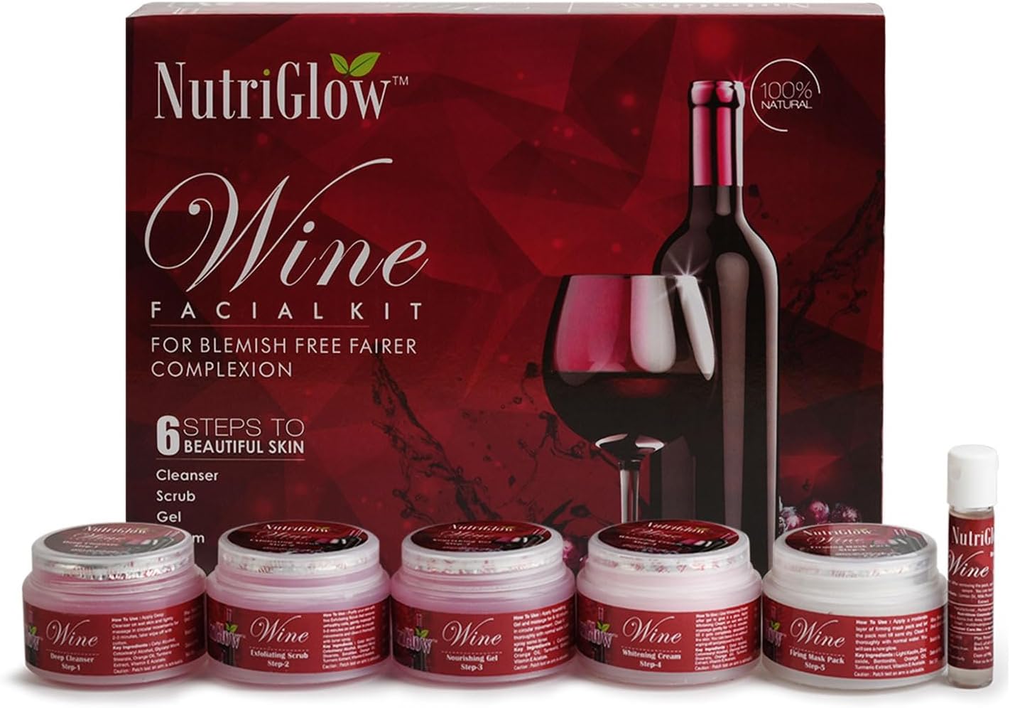 NutriGlow Wine Facial Kit 6-Pieces Skin Care Set with Deep Cleanser, Exfoliating Scrub, Nourishing Gel, Whitening Cream, Mask Pack And Face Serum for Anti Aging Skin Care Kit For Women, 8.5OZ+0.3Oz