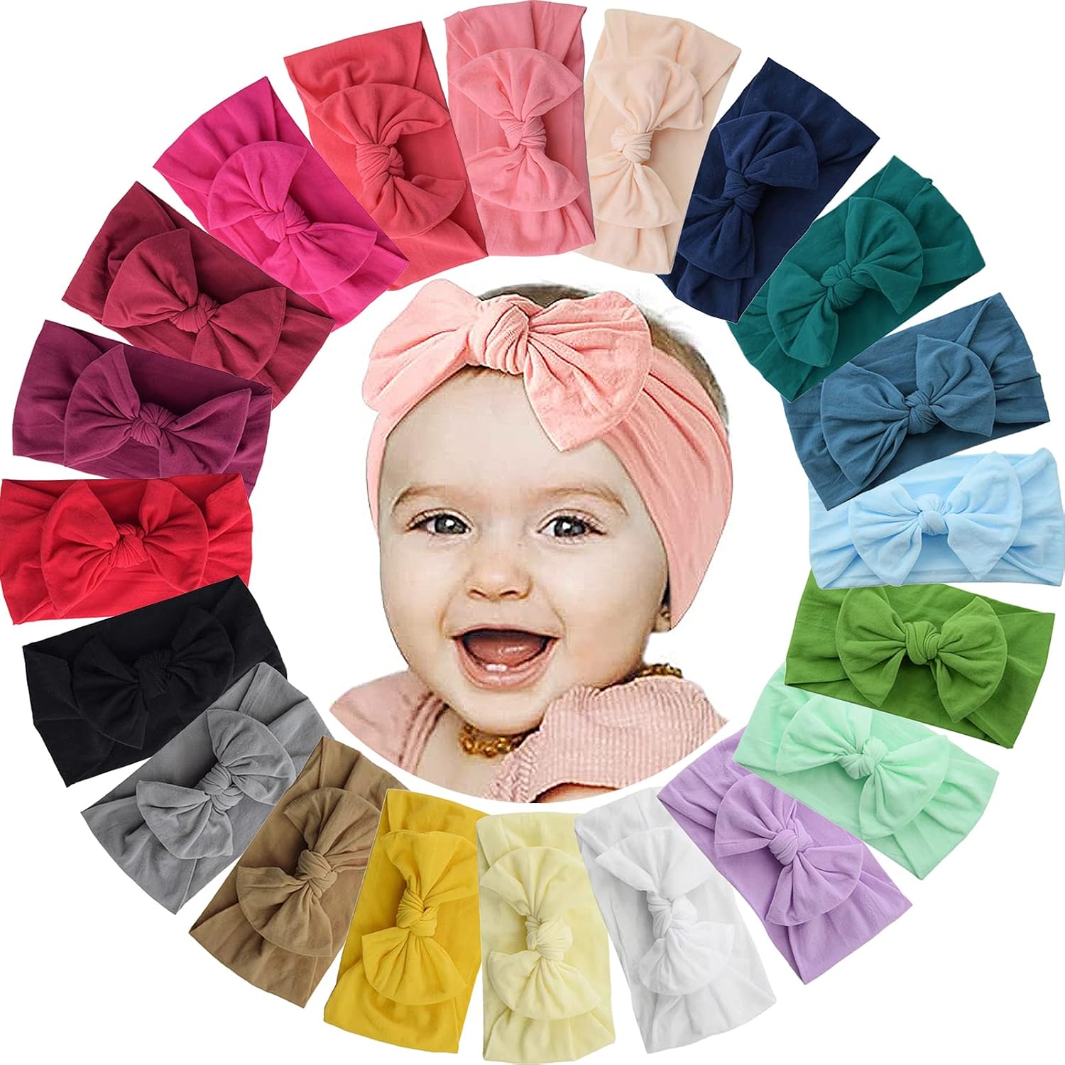 ALinmo 20PCS Baby Nylon Headbands Baby Turban Headband Bowknot Headbands Stretchy Soft Wide Headbands for Babies Elastic Headbands for Newborn Baby Girl Infant, Multicolor