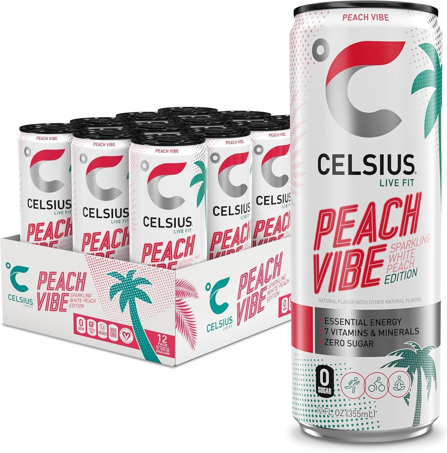 CELSIUS Sparkling Peach Vibe, Refreshing Energy Drink, 355ml (Pack of 12)