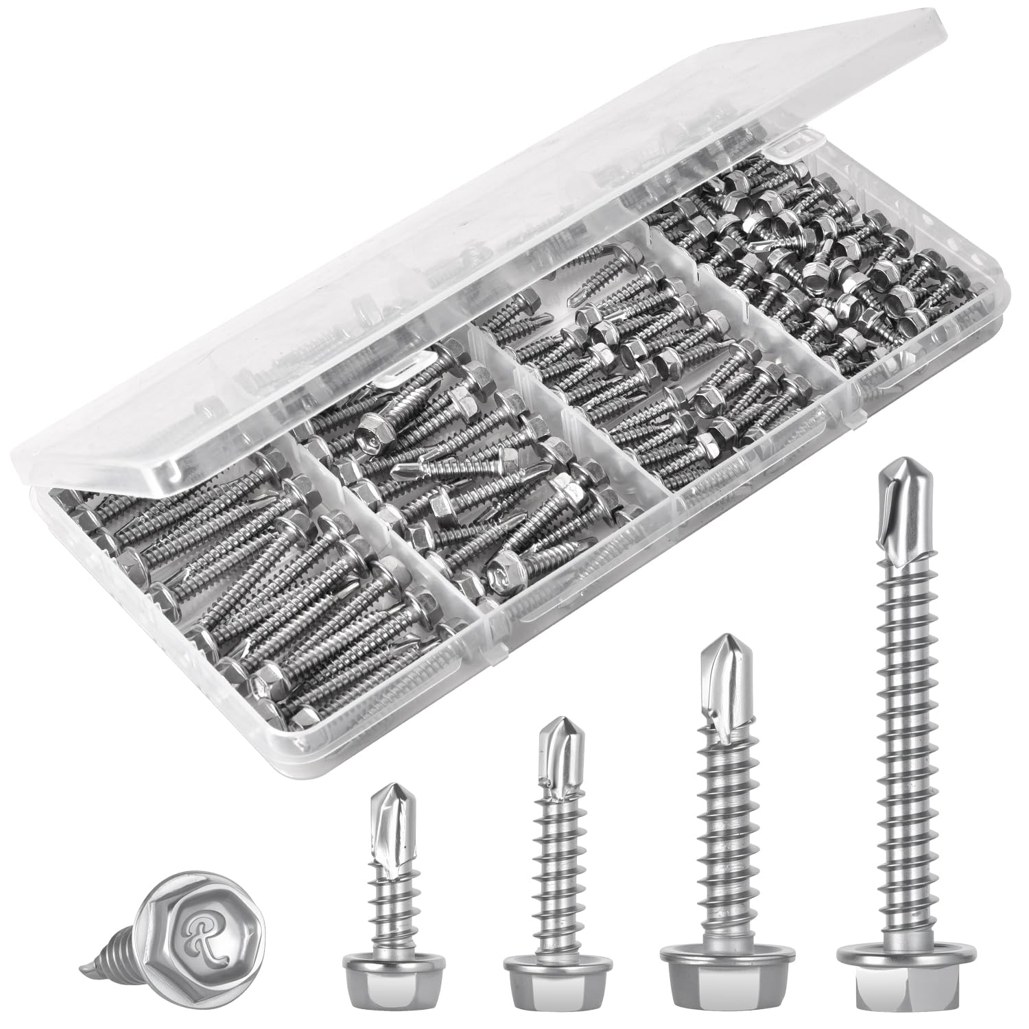 150Pcs Self Drilling Screws Assortment Kit, 410 Stainless Steel Self Tapping Sheet Metal TEK Screws, #8 1/2" 3/4" #10 1" 1-1/2", Hex Washer Head, Rustproof Fasteners for Metal/Wood/Plastic