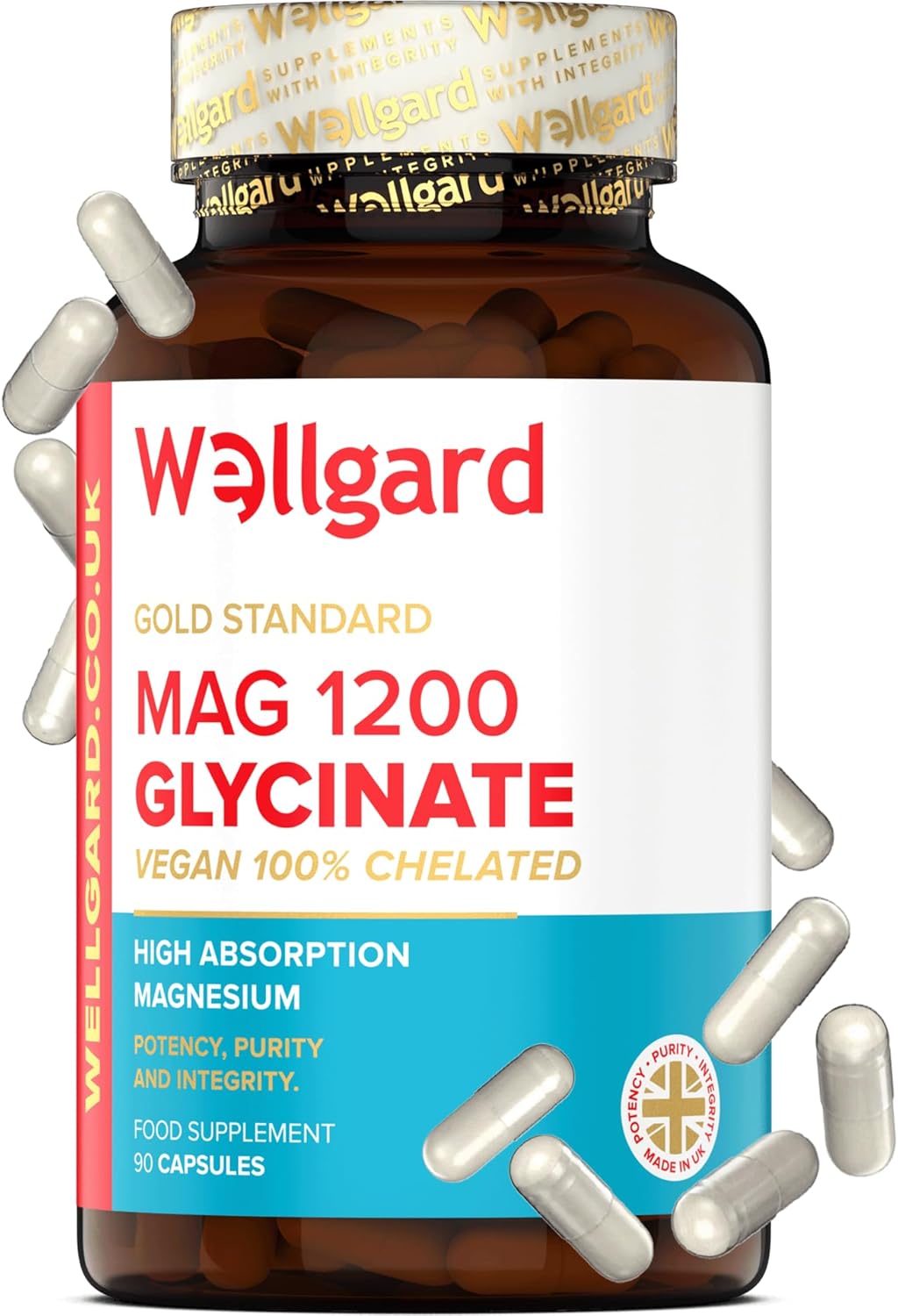 Pure Magnesium Glycinate by Wellgard - Not Mixed with Citrate or Malate, High-Strength Magnesium Supplement, Mag 1200, Vegan, High Absorption Bisglycinate, 240mg Elemental Magnesium, Made in UK