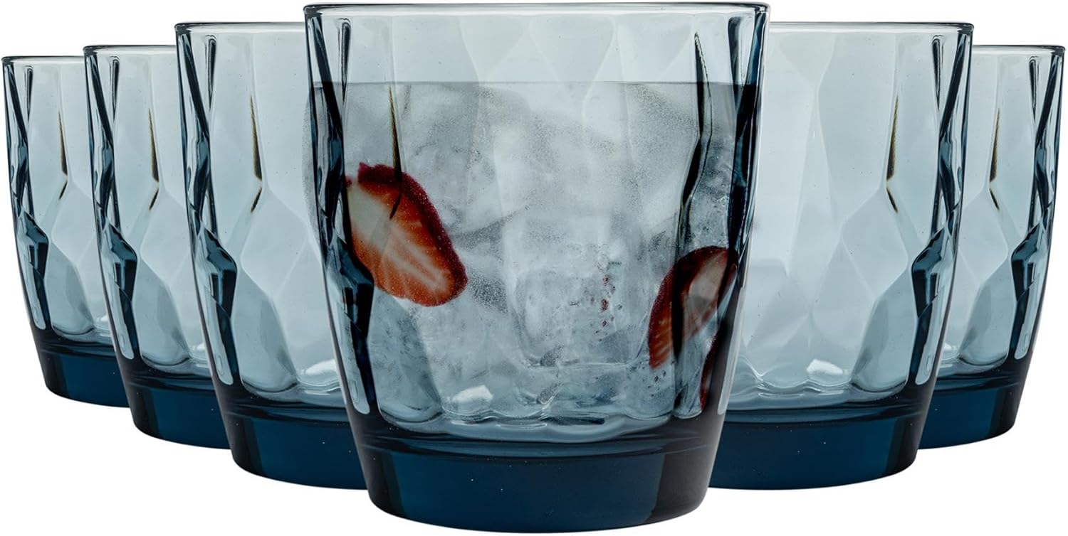 Bormioli Rocco Diamond Dimpled Glass Drinking Tumblers - Ocean Blue - 300ml - Pack of 6