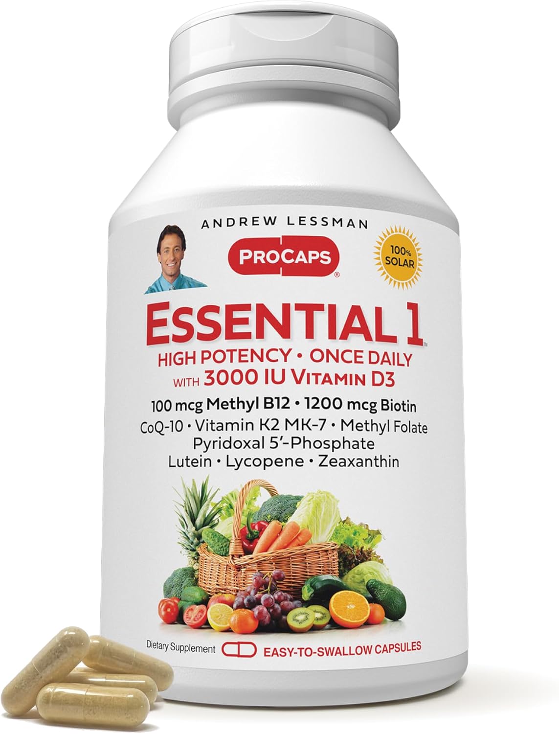 ANDREW LESSMAN Essential-1 Multivitamin 3000 IU Vitamin D3 180 Small Capsules - 100 mcg Methyl B12. CoQ10 Lutein Lycopene Zeaxanthin. High Potency. No Additives. Ultra-Mild. One Daily Capsule