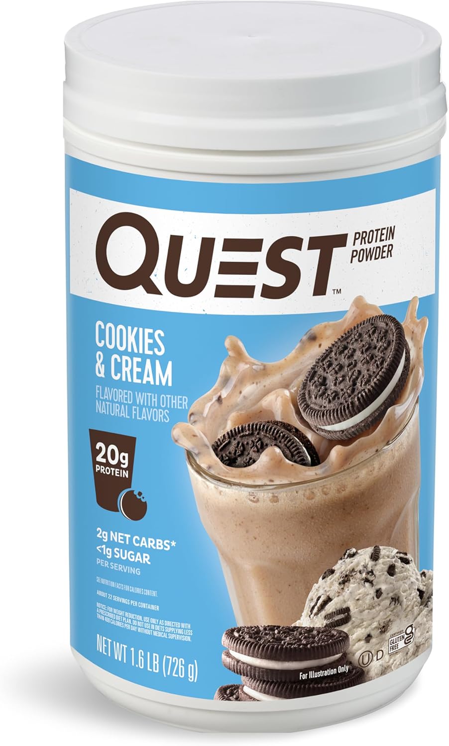 Quest Nutrition Cookies & Cream Protein Powder, 20g Protein, 1g Sugar, Low Carb, Gluten Free, 1.6 Pound, 24 Servings