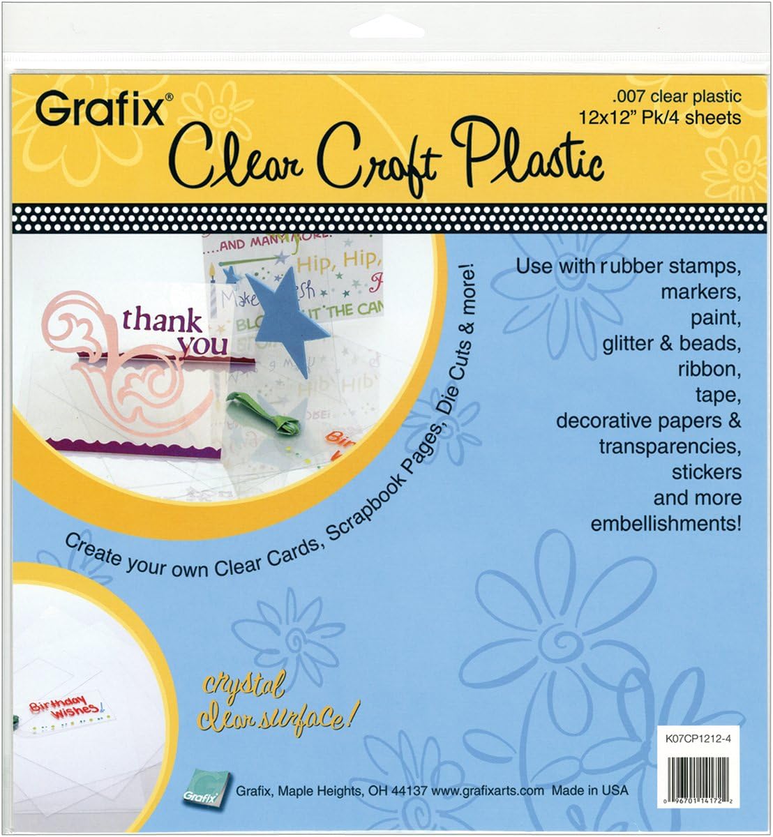 Grafix Clear Craft Plastic .007 Thickness 12-Inch by 12-Inch, Pack of 4 (K07CP1212-4)