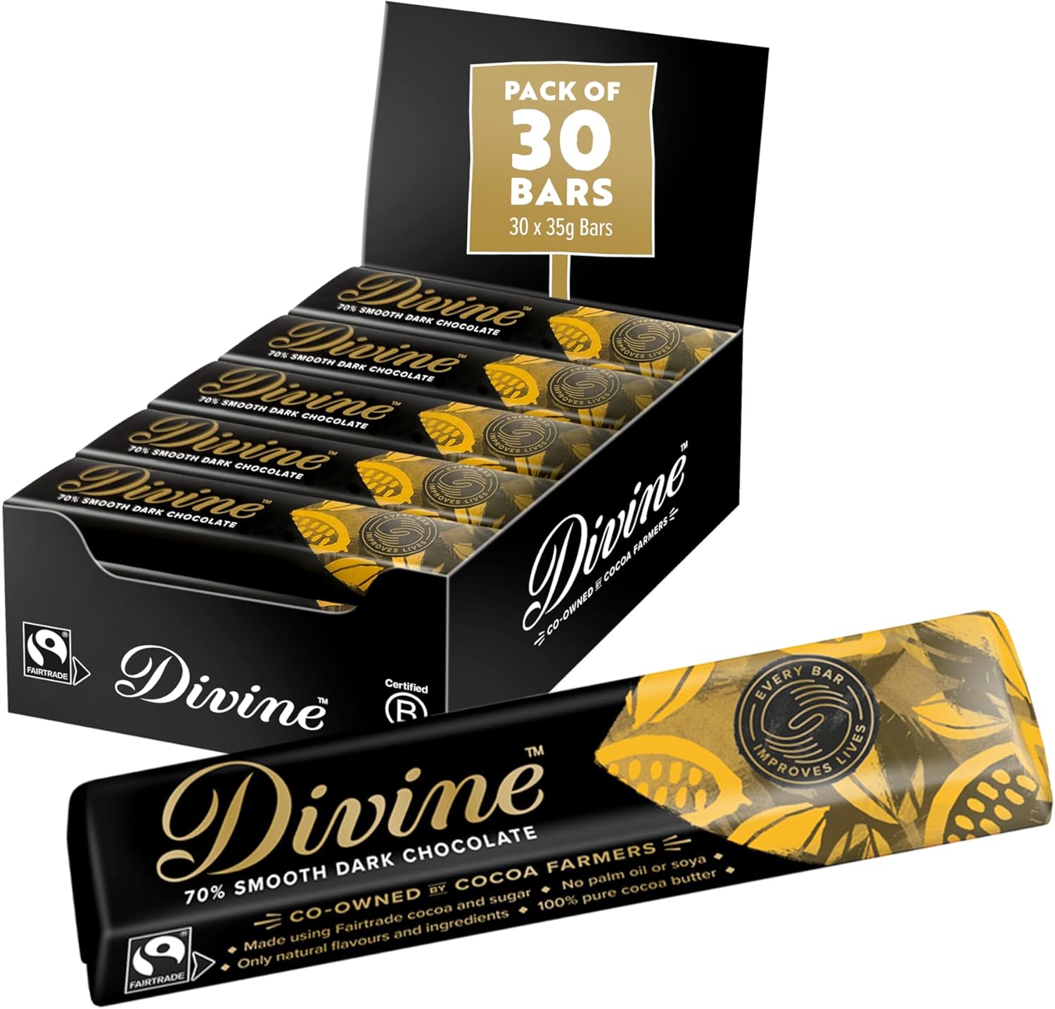 Divine 70% Cocoa Dark Chocolate - 35 g bars (Pack of 30)